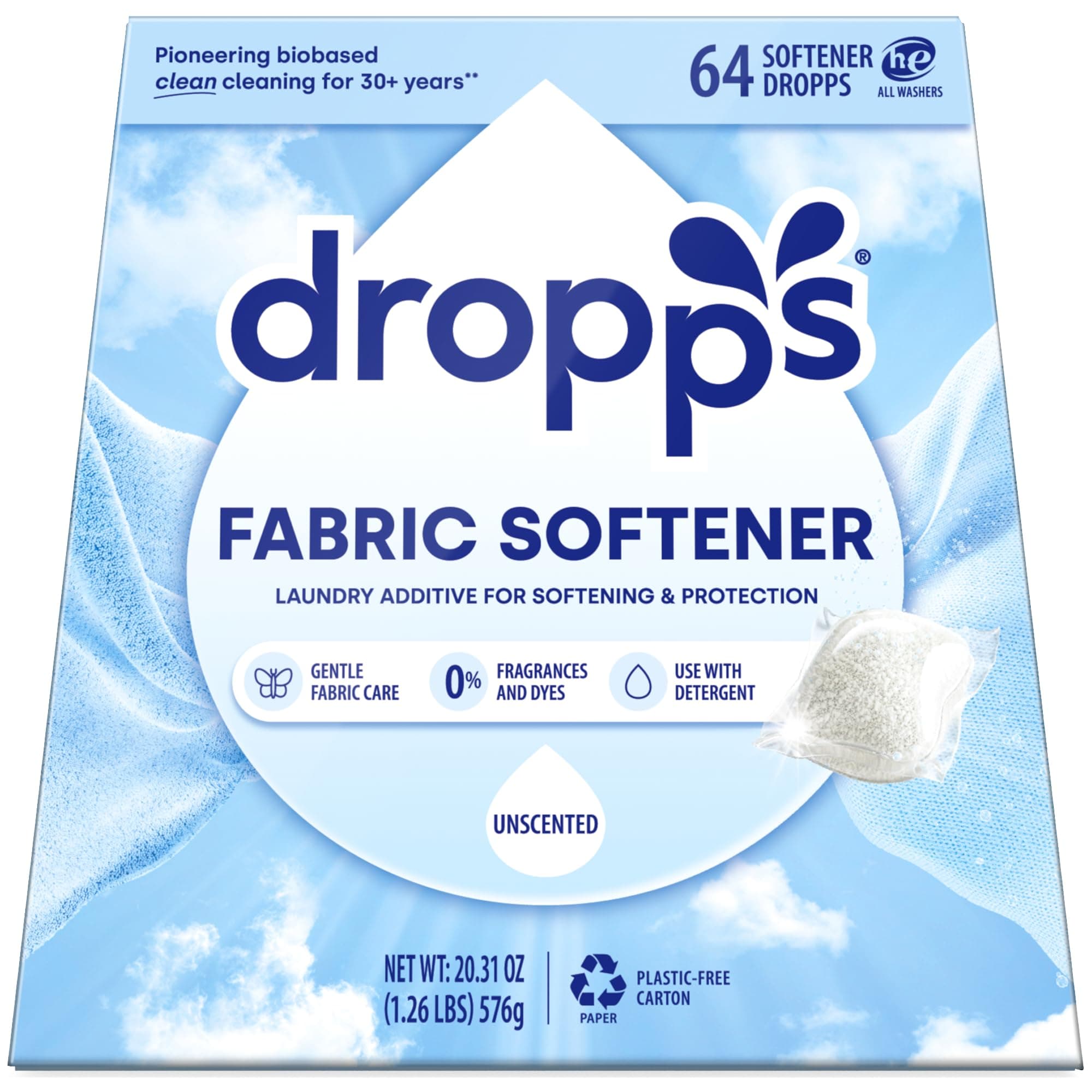 Dropps Fabric Softener Pods, Unscented (64 Count) - Free & Clear | Laundry Softener For Soft & Fluffy Fabrics | Liquid Softener & Dryer Sheet Alternative | Clean Ingredients | Plastic Free Packaging