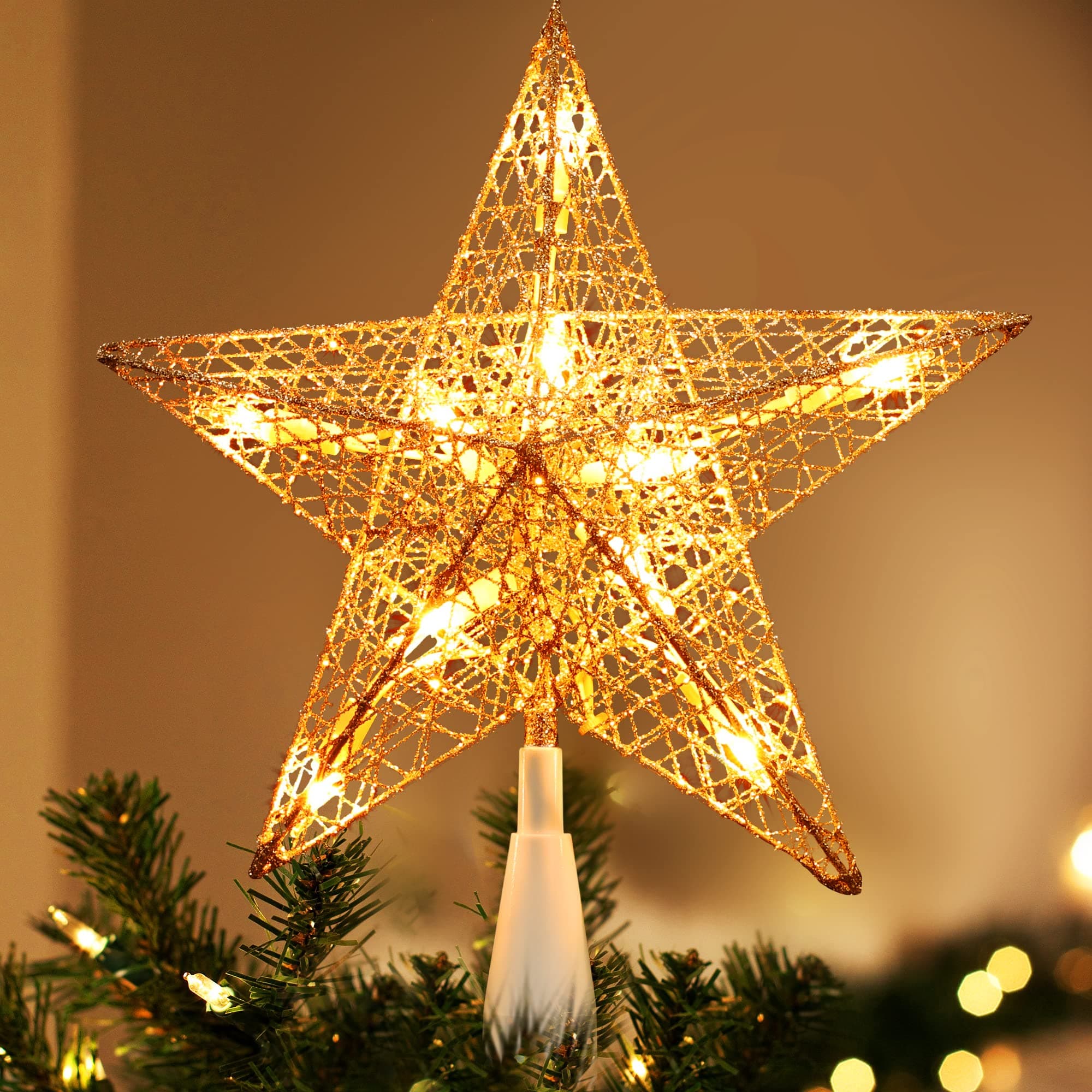 Brizled Gold Christmas Tree Topper, 9“ Hollow-Out Star Tree Topper with 10 Warm White Lights, Pre-lit 5 Point Star Treetop, 120V UL Listed Lighted Treetop for Christmas Tree Home Decoration