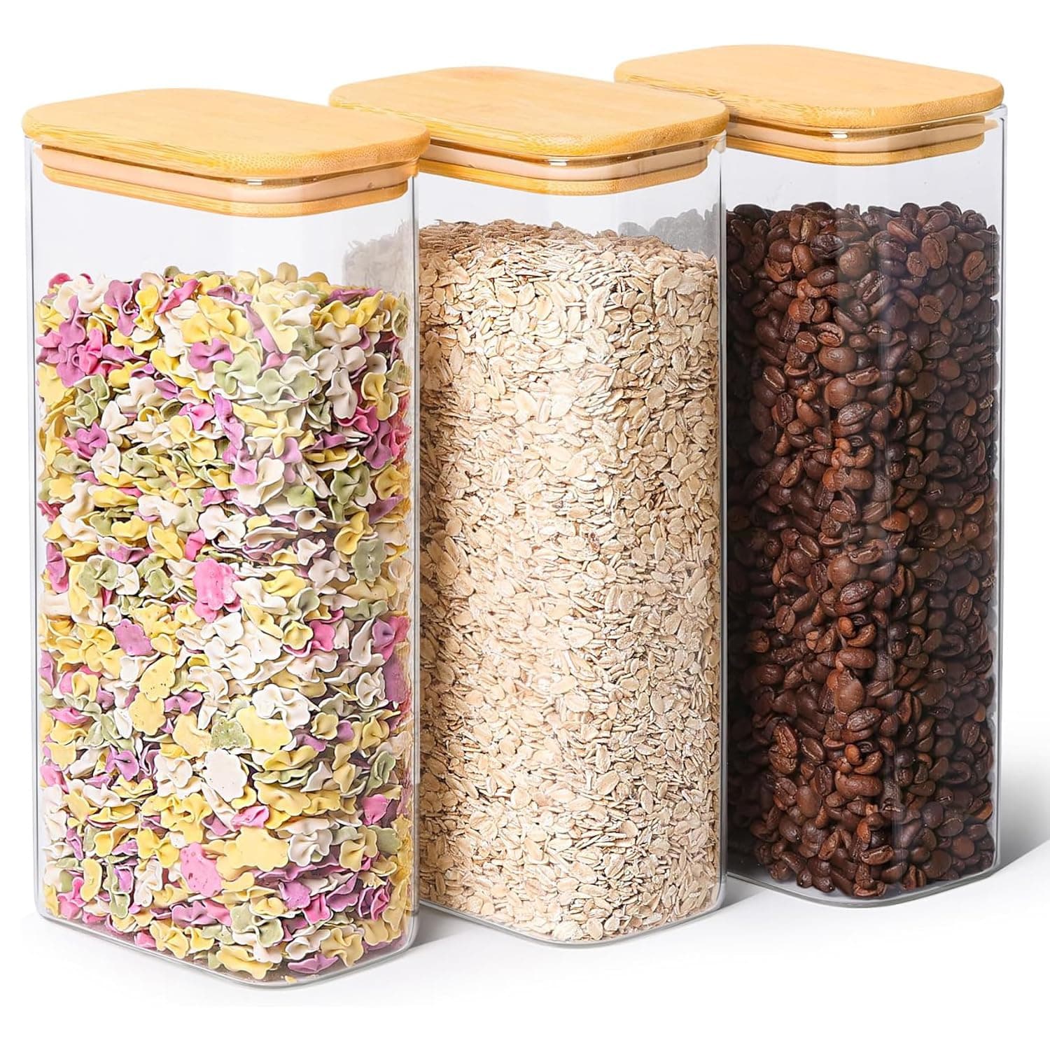 2 Qt Rectangle Glass Storage Containers with Lids, Glass Jars with Bamboo Lids, Clear Food Jar, Square Canister Set of 3, Pantry Organizers and Storage for Flour Pasta Coffee Bean