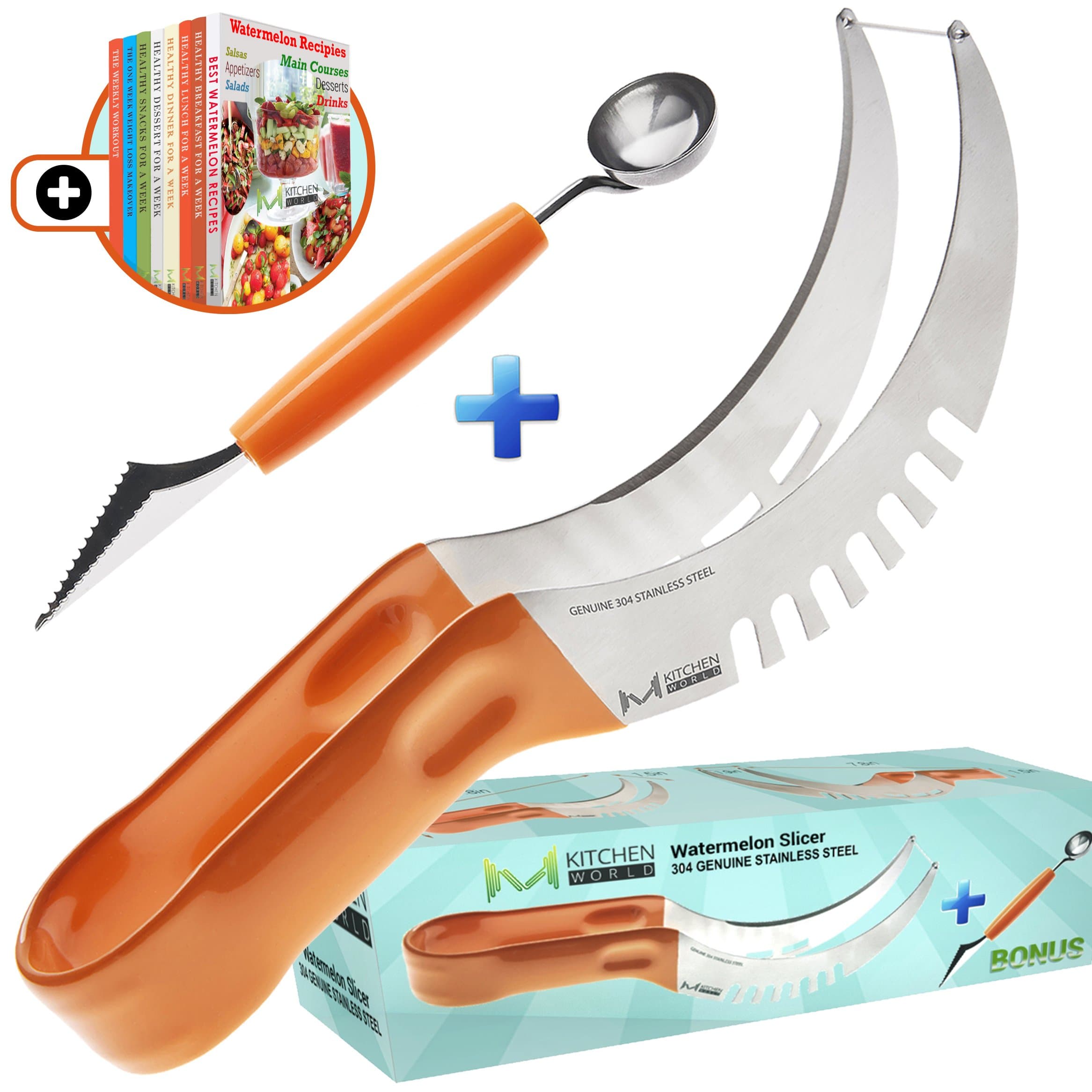 mKitchen World Watermelon Slicer Corer Cutter Tongs & Server Set - as Seen on TV 304 Stainless Steel – Dual Purpose Melon Baller and Fruit Carving Knife - 8 recipe eBooks Included