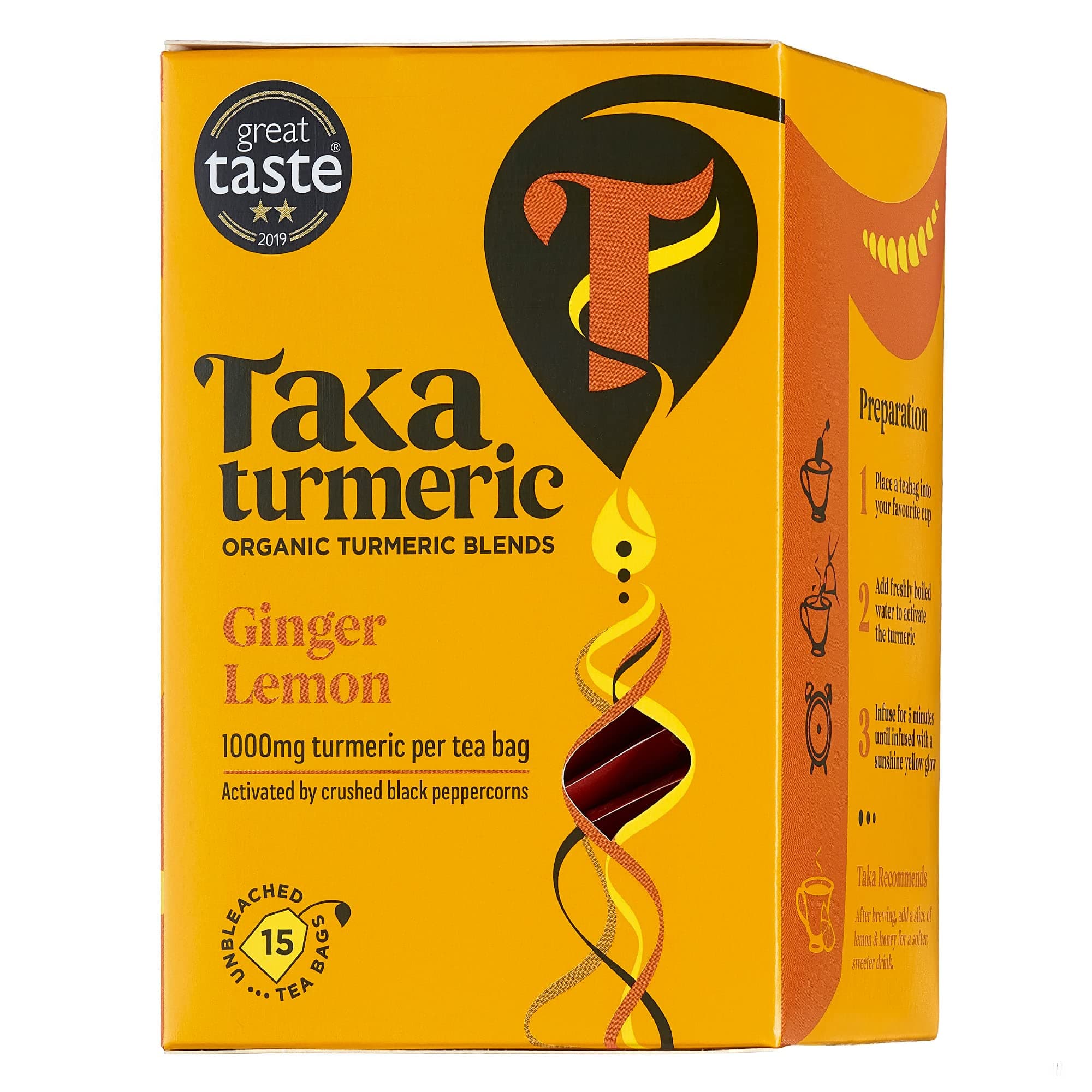 Taka Turmeric, 1 pack (15 Teabags) Organic Lemon and Ginger Tea Bags with Turmeric & Black Peppercorns, Turmeric, Caffeine Free Fruit, Detox, No Added Flavourings, Recyclable Packaging