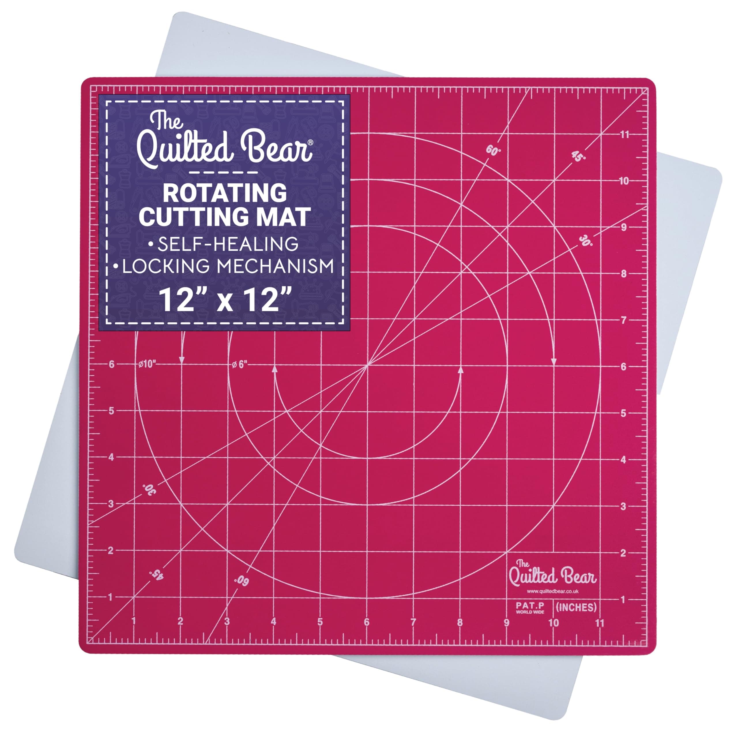 The Quilted Bear Rotating Cutting Mat 12" x 12" - Locking & Rotating Self Healing Cutting Board for Sewing, Fabric & Quilting - 360 Degree Sewing Supplies Mat for Craft Table (Pink)