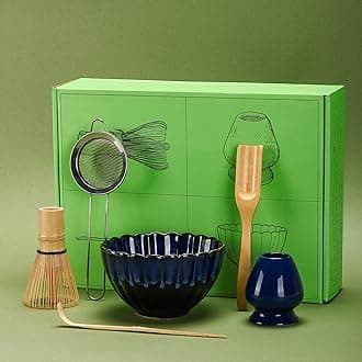 Matcha Tea Set 6 Pcs, Japanese Traditional Bowl, Bamboo Whisk (Chasen), Scoop (Chashaku), Stainless Steel Sifter, Holder (blue)