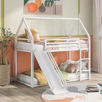 Harper & Bright Designs House Bunk Bed with Slide, Twin Over Twin Bunk Bed with Roof and Built-in Ladder, Floor Bunk Bed with Metal Frame for Kids (White)
