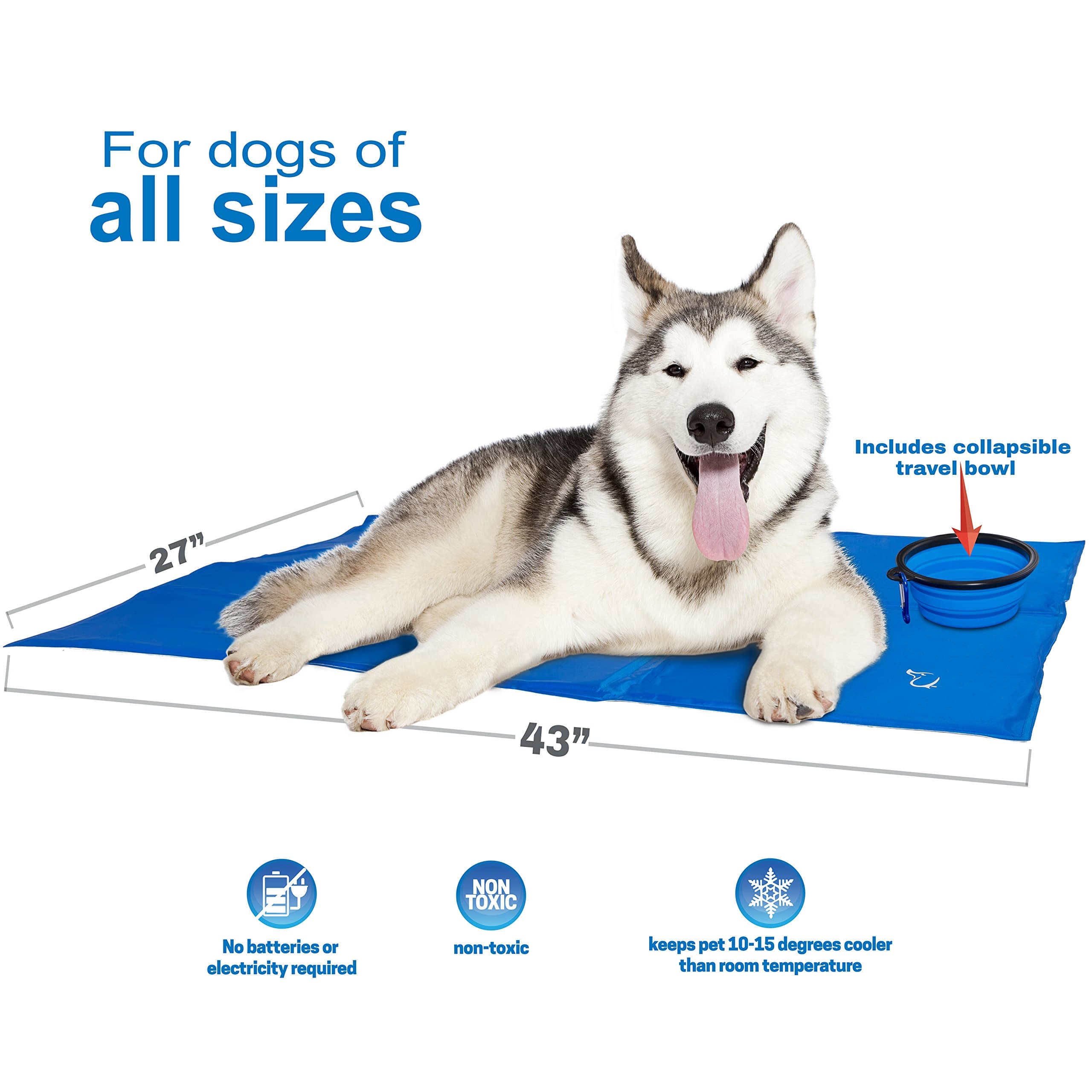 UNLEASHED Pets Self Cooling Pressure Activated Pet Cooling Gel Pad Mat + Collapsible Food Bowl for Dogs, Cats, All Pets, Non-Toxic, Perfect for Travel, Floor, Couch, Car Seat, Pet Bed & Kennel (LG)