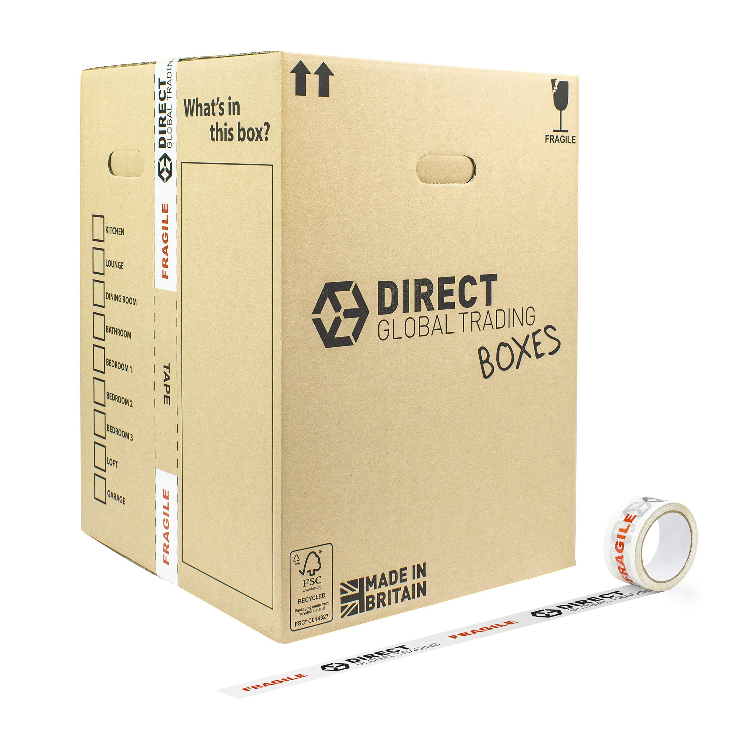 10 Strong Tall Extra Large Cardboard Storage Packing Moving House Boxes Double Walled with Carry Handles Fragile Tape Marker Pen and 5 Large Fragile Stickers 60cm x 44cm x 44.5cm 115 Litres