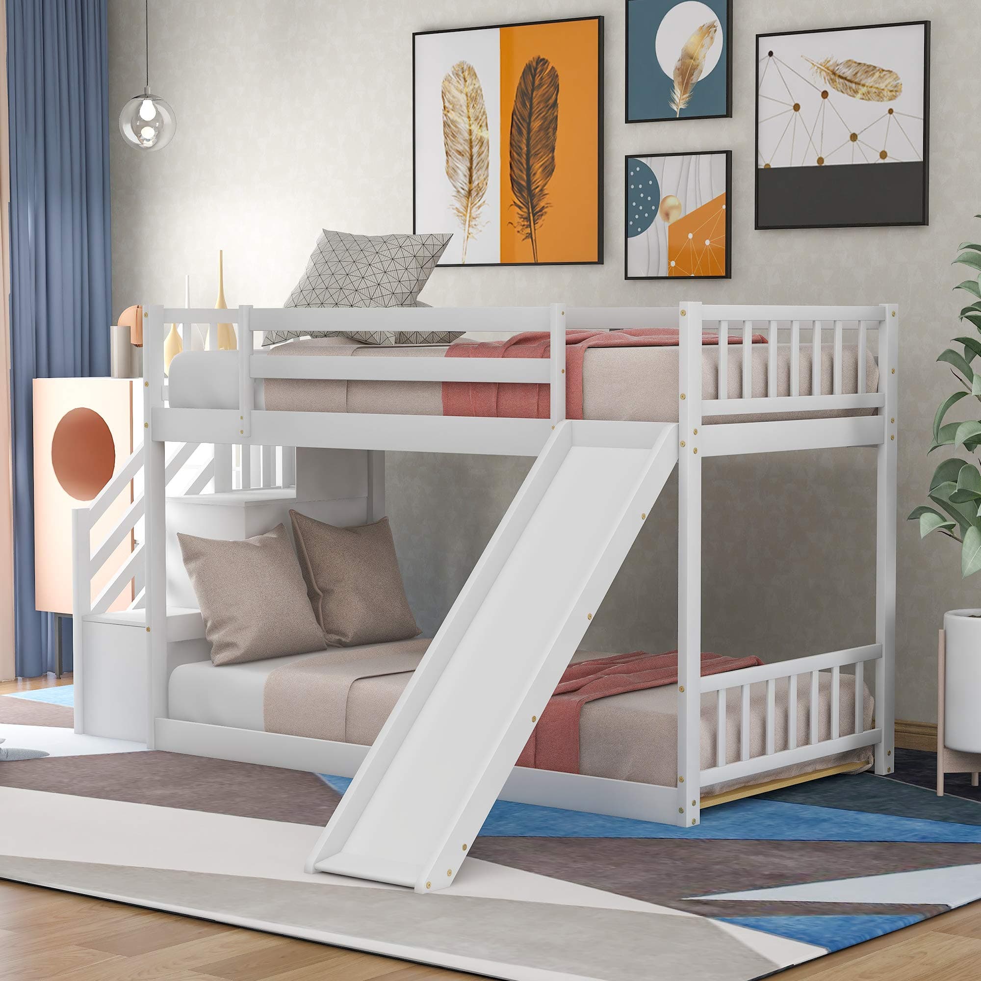 Bellemave Twin Over Twin Bunk Bed with Convertible Slide, Low Bunk Bed Frame with Stairway Wood Bunk Bed with Slide for Kids Boys Girls, White