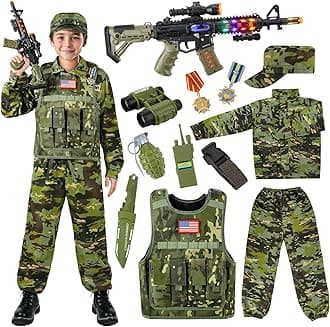 Kids Army Costume for Boys, Military Soldier Costume with Army Toys, Boys Halloween Costume with Camouflage Vest, Solider Boy Dress up age 3-12…