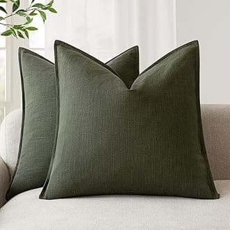 Foindtower Pack of 2, Decorative Linen Solid Throw Pillow Covers Soft Accent Cushion Case Farmhouse Neutral Pillowcase for Chair Couch Sofa Bedroom Living Room Home Decor 18 x 18 Inch Dark Olive Green