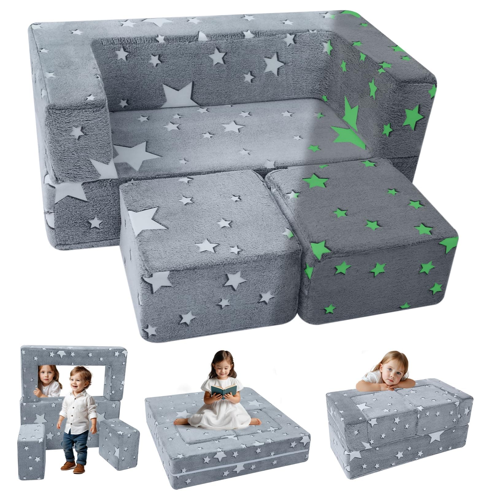 MeMoreCool Modular Kids Play Couch Sofa – Glow in The Dark Star Design, Fold-Out Toddler Couch for Playroom Furniture, Grey