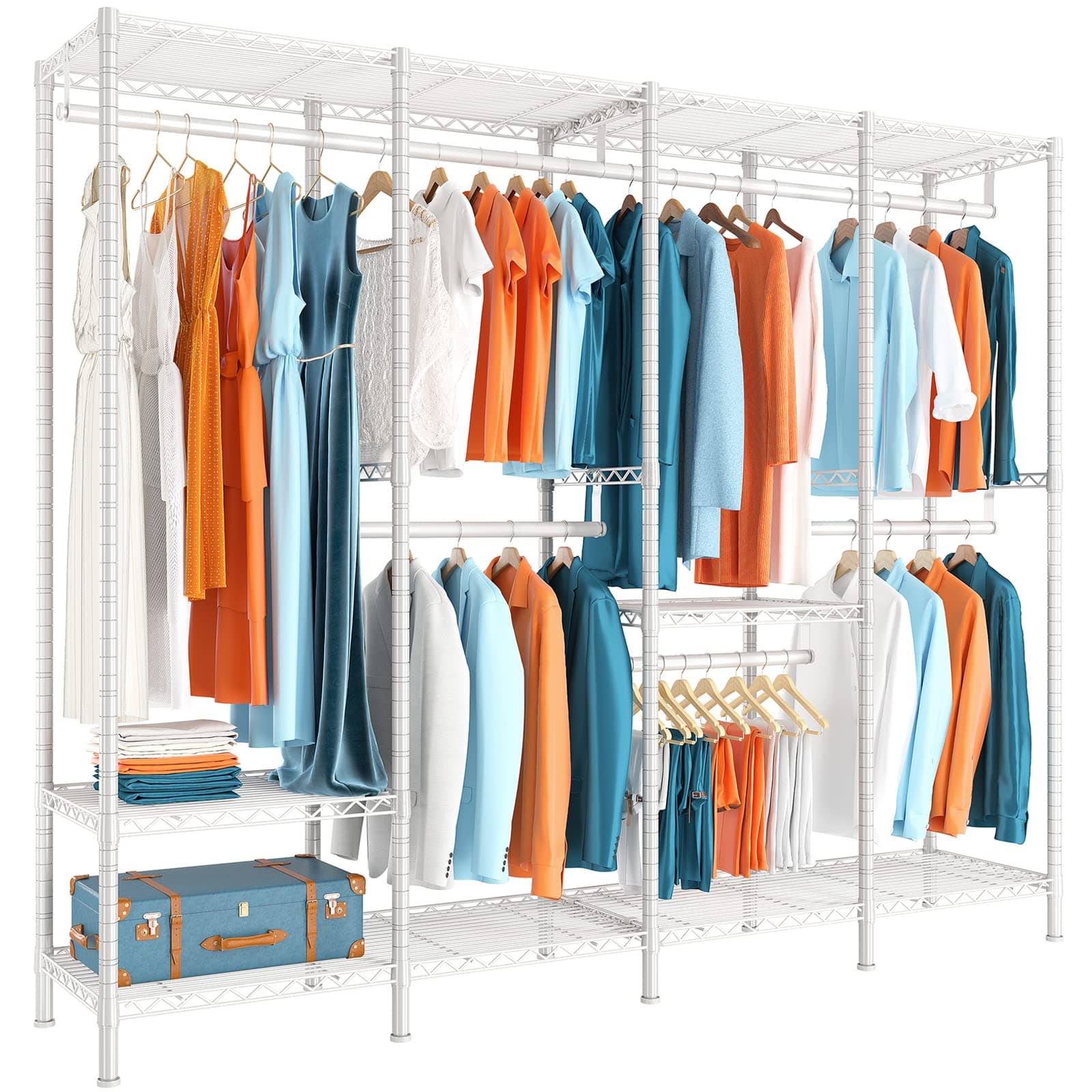 Raybee76.9" H Clothes Rack Heavy Duty Loads 1100 LBS Metal Clothing Racks for Hanging Clothes Adjustable Wadorbe Closet White,75.8" W*17.7" D*76.9" H