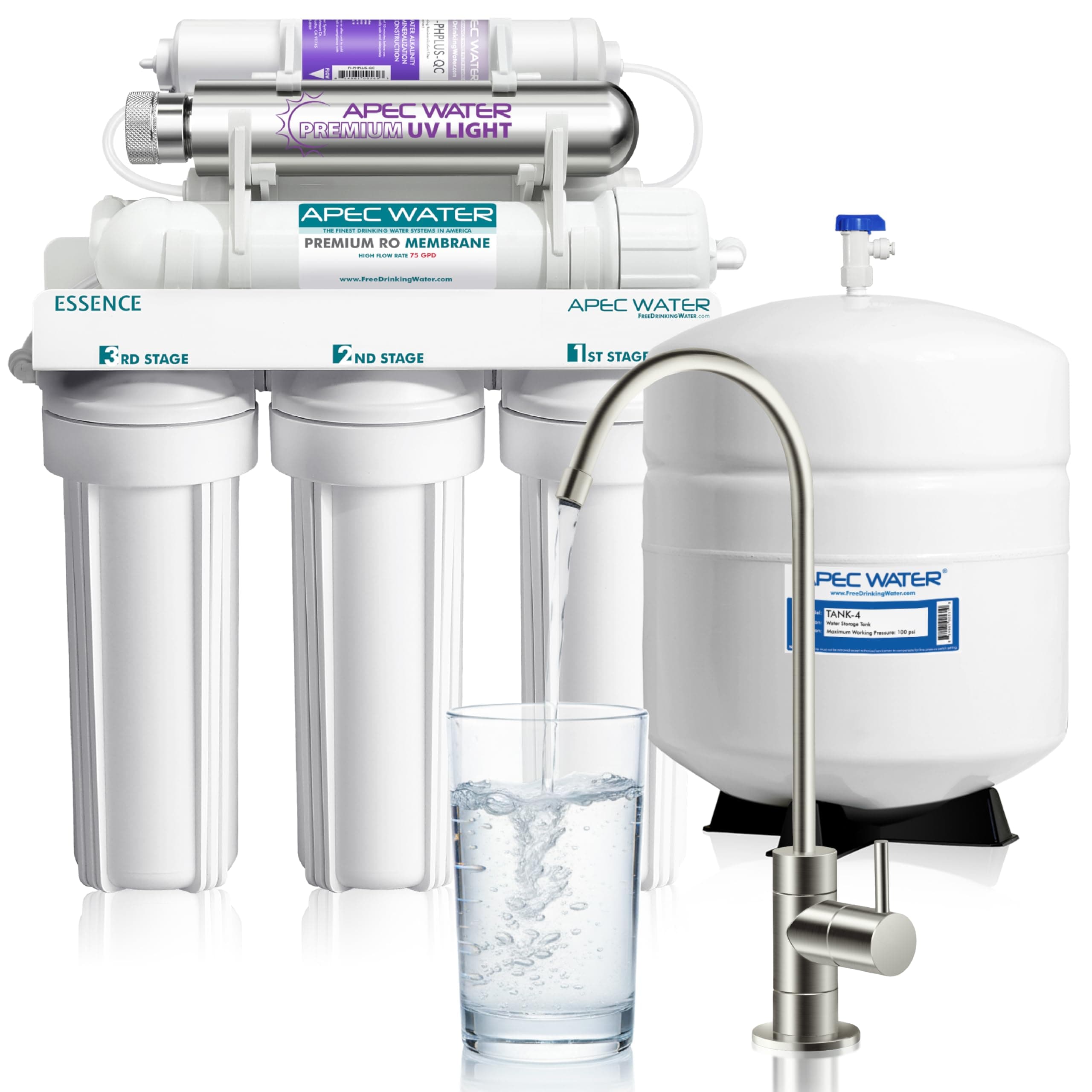 - APEC Water System ROES-PHUV75 Essence Series Top Tier Alkaline Mineral pH+ and UV Ultra-Violet Sterilizer 75 GPD 7-Stage Ultra Safe Reverse Osmosis Drinking Water Filter System