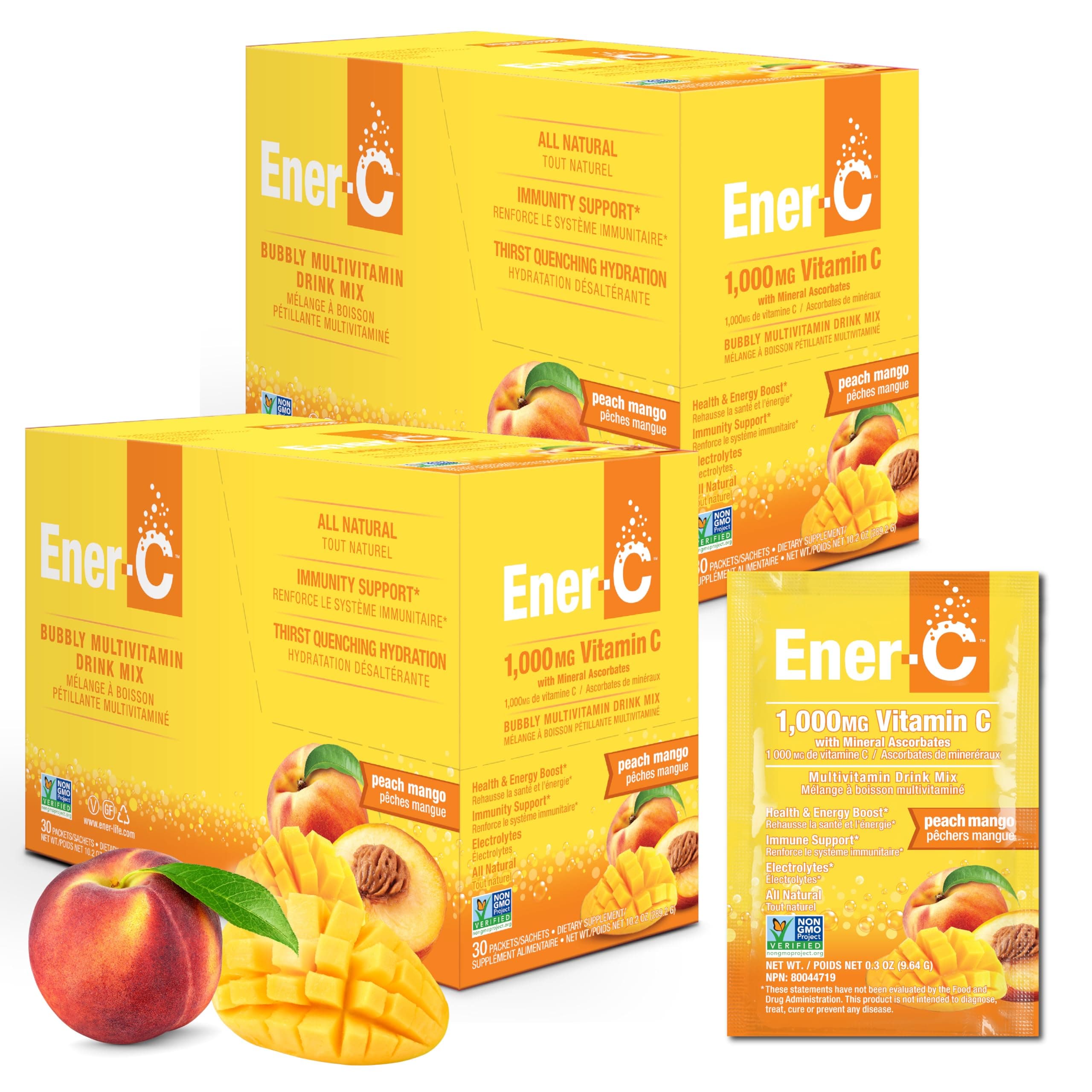 Ener-C Multivitamin Drink Mix - Vitamin Packets for Water, Electrolytes Powder Packets, Vitamin Drink Mix, Hydration Liquid Mix, Immune Booster for Adults, Healthy Energy - Peach Mango, 60 Count