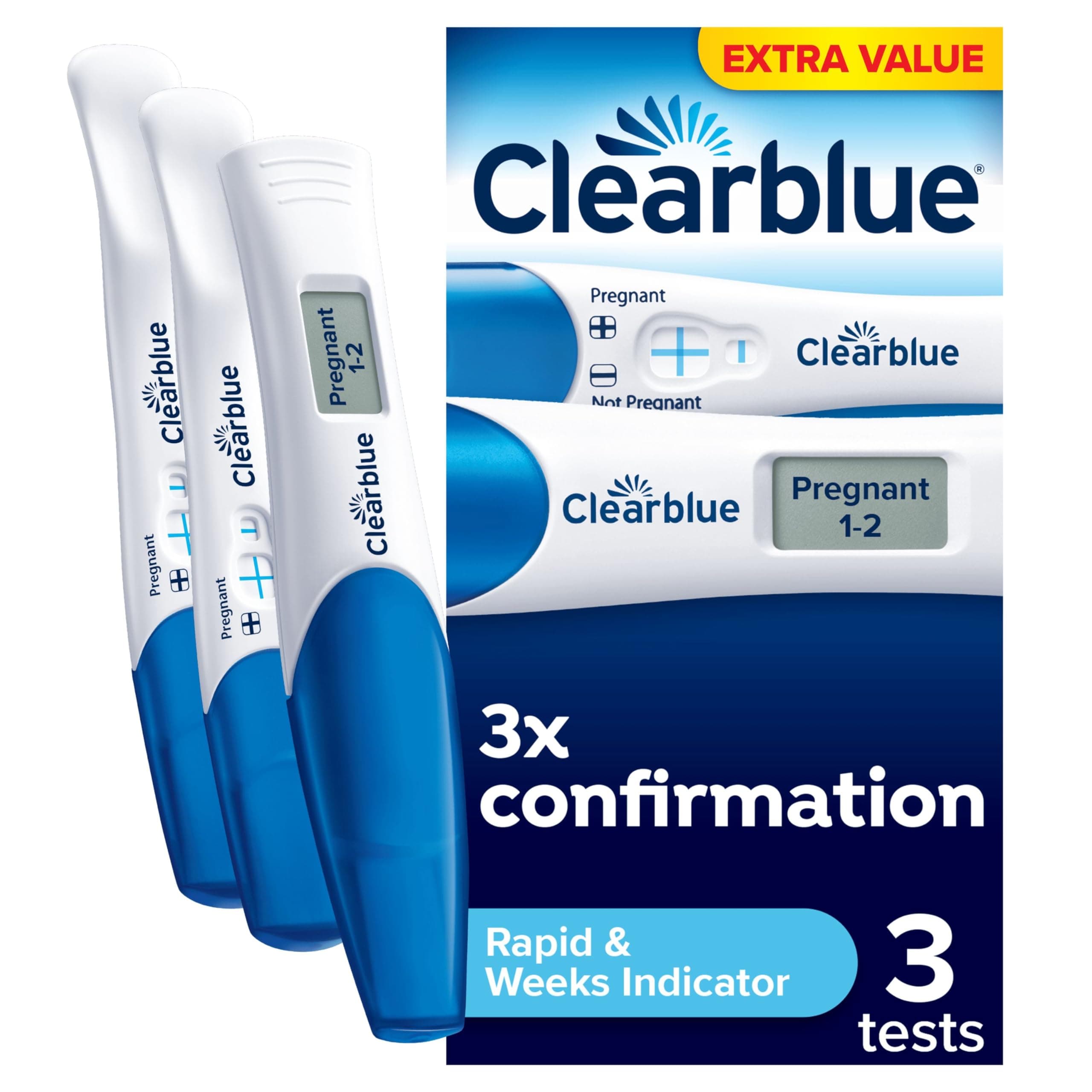 Pregnancy Test 3X Confirmation Combo Pack, Result As Fast As 1 Minute (Visual Sticks) & Tells You How Many Weeks (Digital Stick), Kit of 3 Tests (1 Digital, 2 Visual)