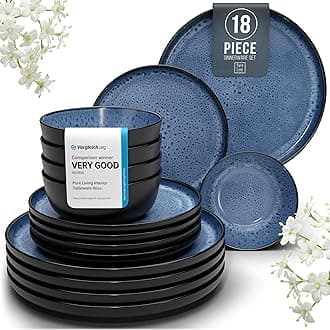 18 Piece Dinner Sets for 6 People - Beautiful Mediterranean Style Stoneware Dinner Set for 6 - Dishwasher & Microwave Safe Plates and Bowls Set for 6 - Dinnerware Sets by Pure Living in Deep Blue