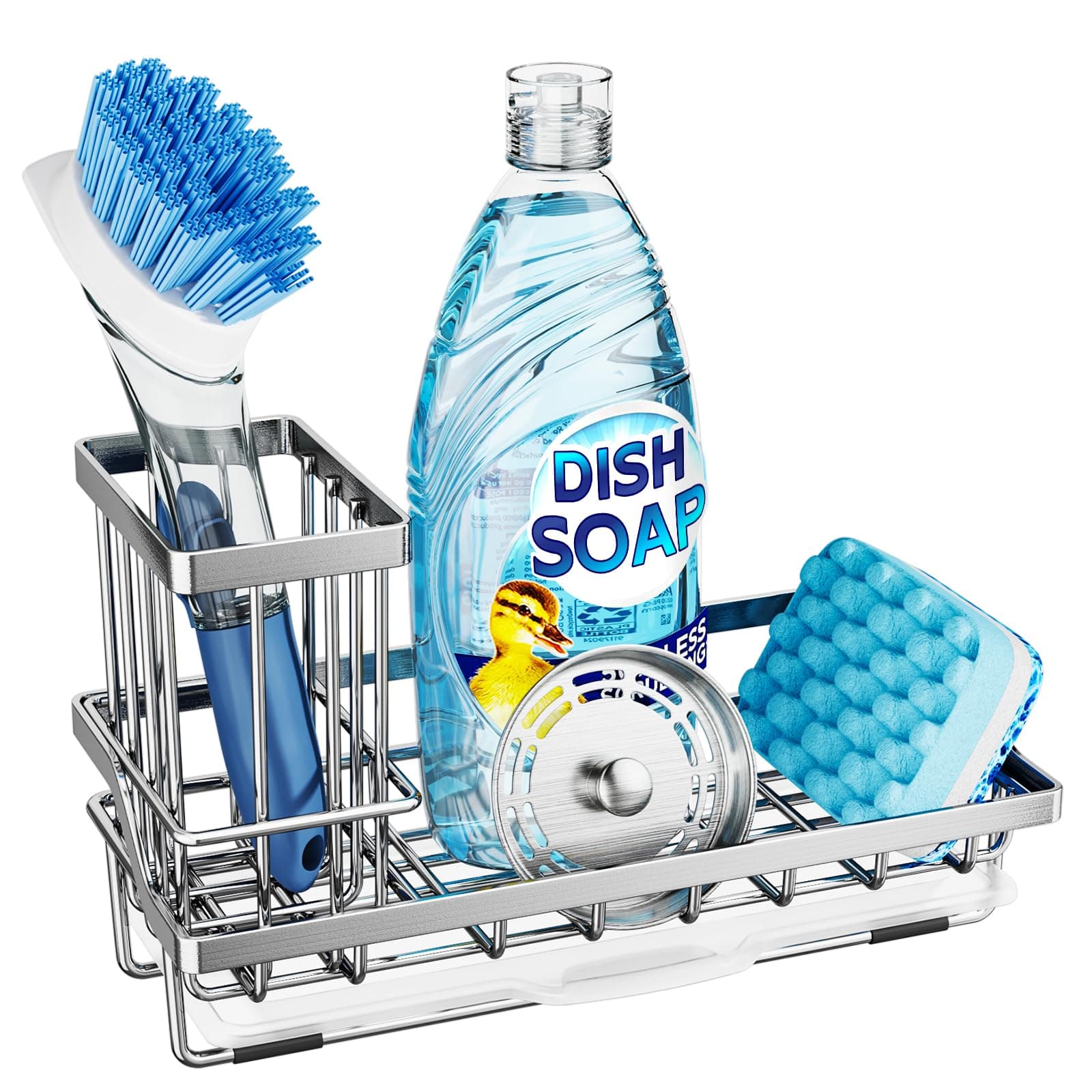 Sink Caddy, Kitchen Sponge Holder with Dish Brush Holder, Kitchen Organizer with Drip Tray for Countertop, Stainless Steel Rustproof - Silver