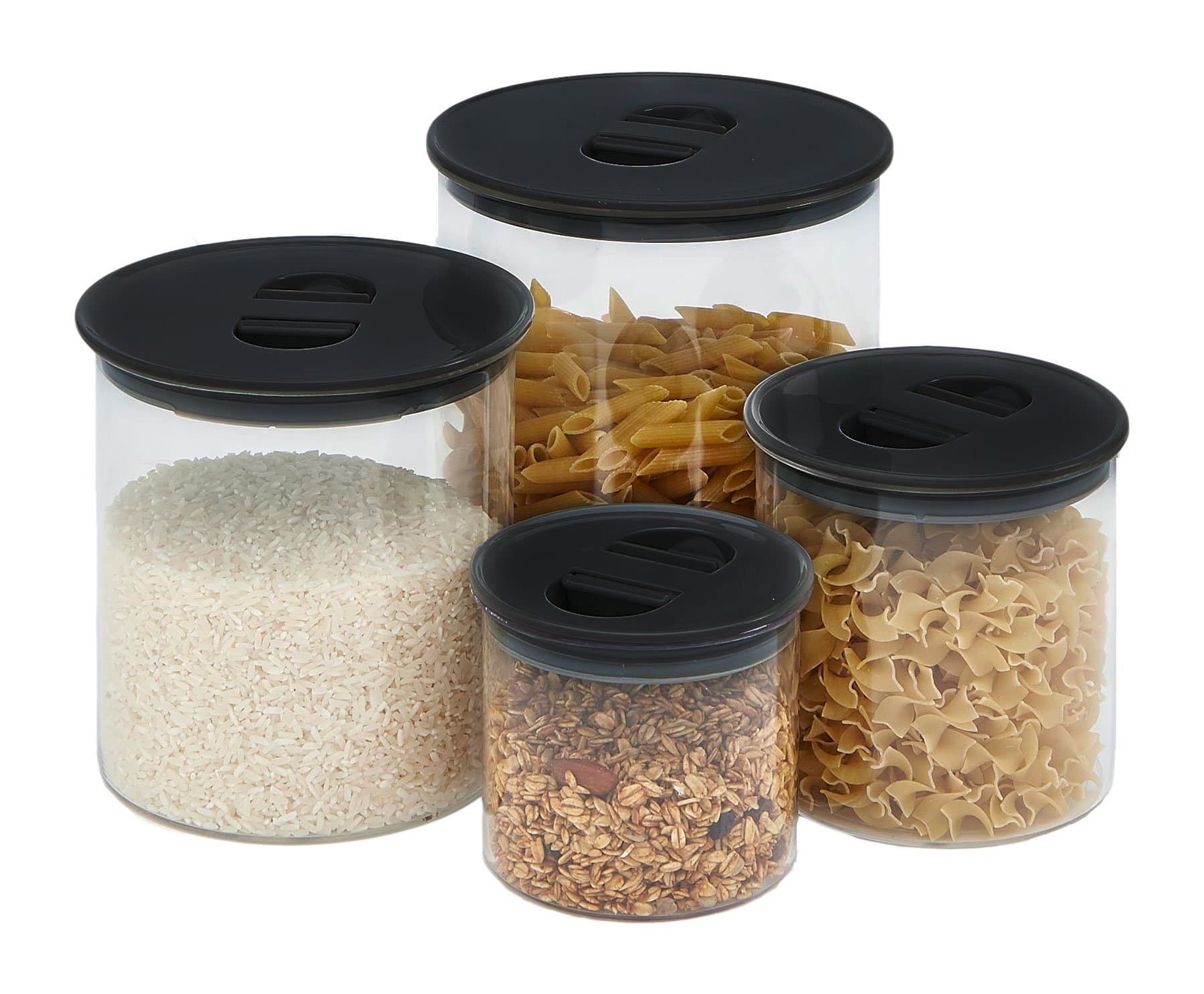 Kitchen Details Squeeze-Lid Airtight Storage Canisters, 3 or 4 piece sets (Round, Black)