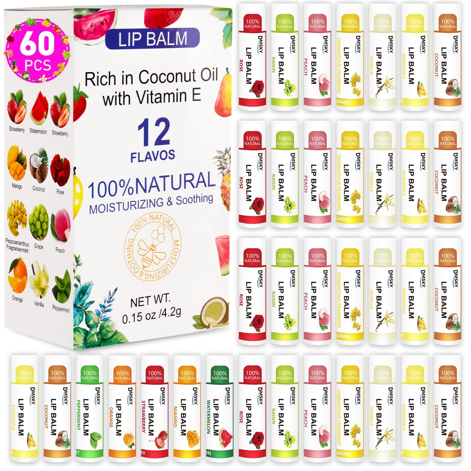 60 Pack Lip Balm, Natural Lip Balm Bulk with Vitamin E and Coconut Oil, Moisturizing Lip Balm for Chapped Lips, Bulk Lip Balm for Women-12 Flavors