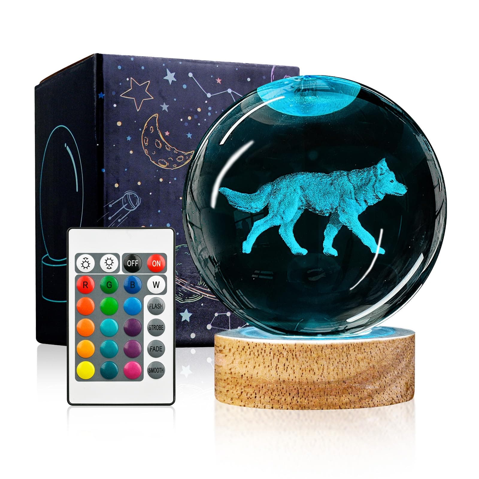 3D Crystal Ball Night Light with Wooden Base, 3.15" Glass Ball Lamp, 16 Colors, Remote Control, Cool Desk Decor, Gifts for Kids, Friends, Birthday, Holiday