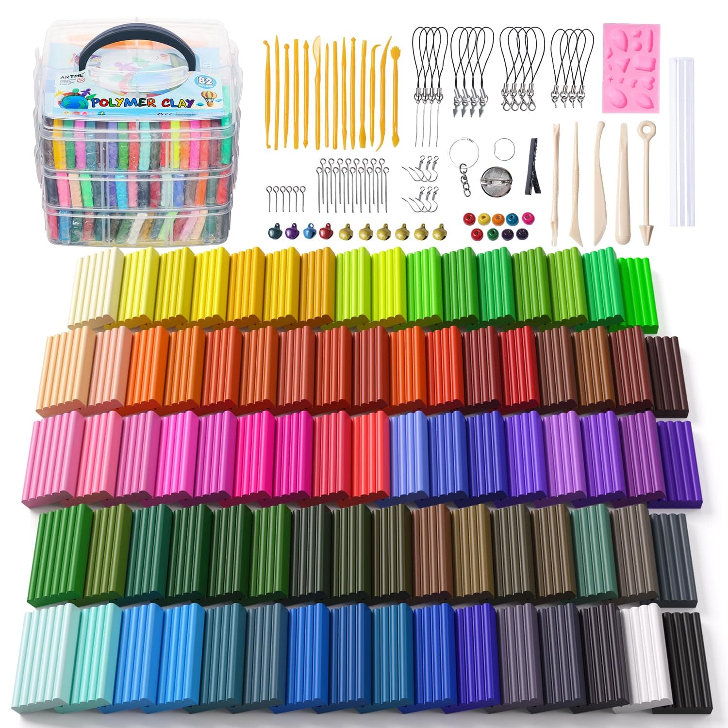 ARTME Polymer Clay, 82 Colors Clay Kit, Oven Bake Modeling Clay, Creative Polymer Clay Kit with Sculpting Tools and Jewelry Accessories, Non-Toxic, Ideal DIY Clay Gifts for Adults and Teens