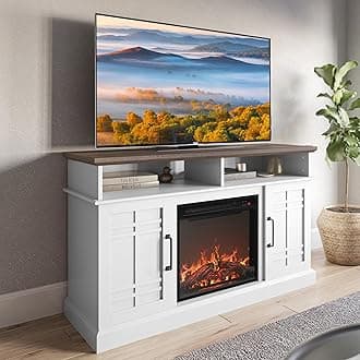 BELLEZE TV Stand 48 Inch with Electric Fireplace, Modern TV Stand for Electric Fireplace for TVs up to 50 Inches, Multimedia Stand for Entertainment
