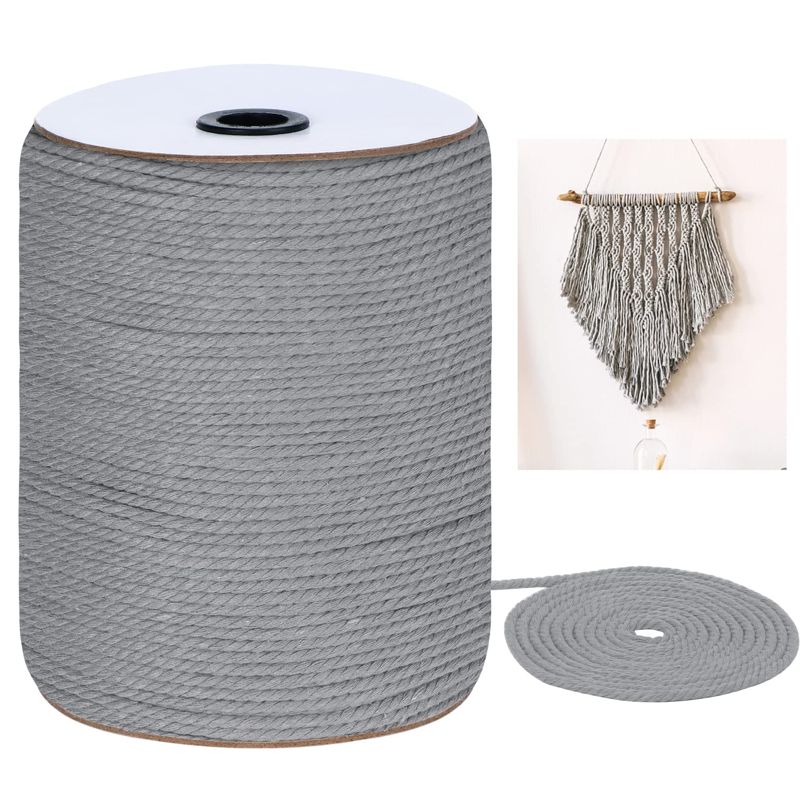 Macrame Cord 5mm x 165Yards, Natural Cotton Macrame Rope - 3 Strands Twisted Macrame Cotton Cord for Wall Hanging, Plant Hangers, Crafts, Gift Wrapping and Wedding Decorations, Gray