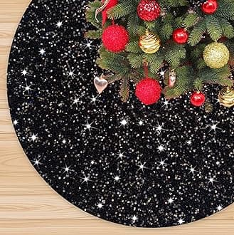 Sequin Tree Skirt - 60 Inches Black Glitter Velvet Rustic Farmhouse Sparkling Xmas Tree Cover for Christmas Decorations