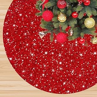 Large Christmas Tree Skirt - 60 Inch Red Glittery Sequin Vintage Velvet Xmas Tree Mat for Farmhouse Party