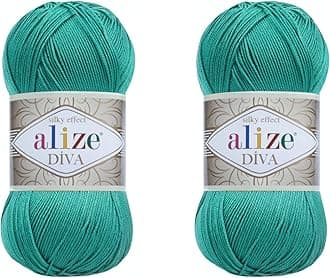 Diva Hand Knitting Yarn - 100% Microfiber Acrylic With Silk Effect - Crochet Art Lace Craft - 2 Skeins, 200gr, 767 Yds (610-Jade)