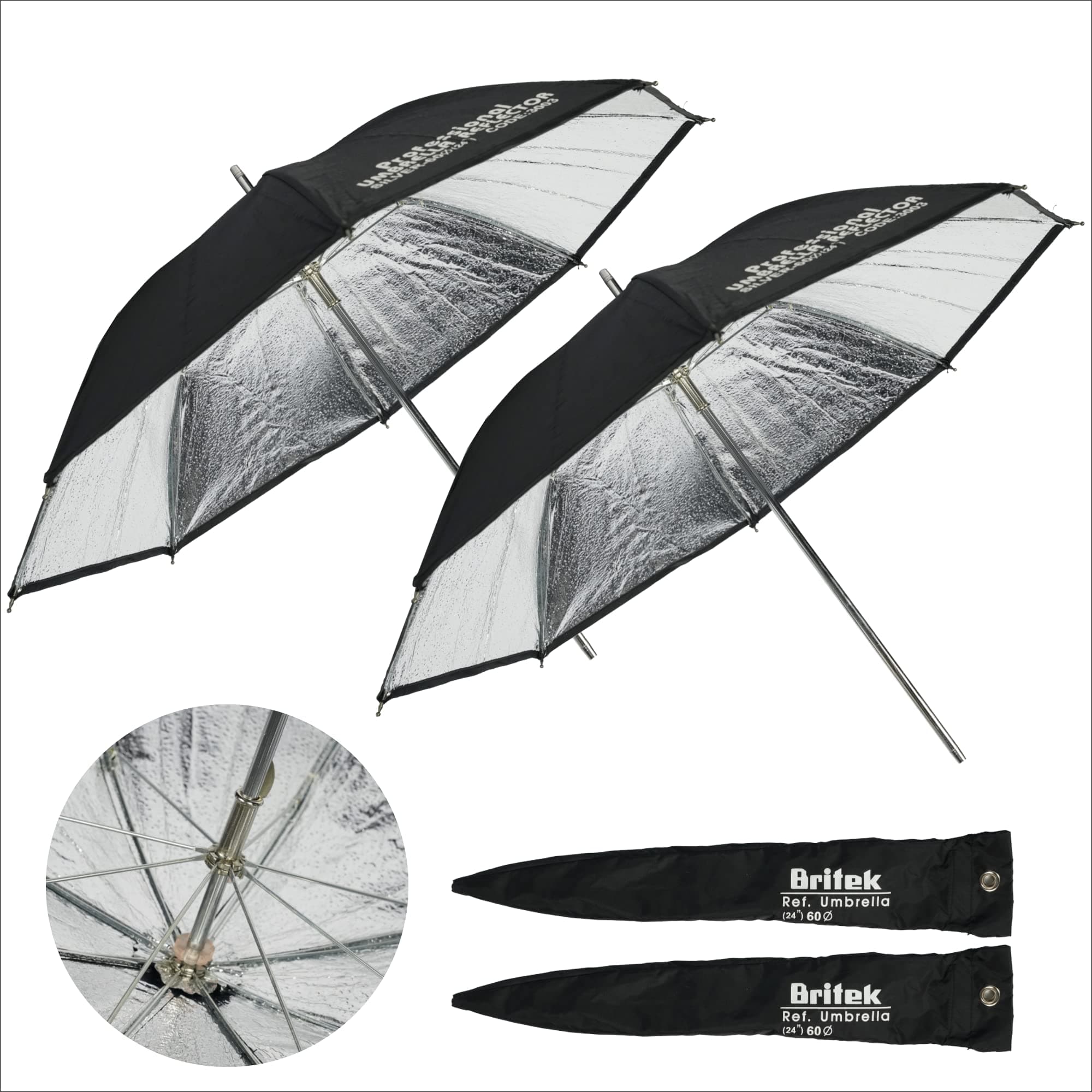 BRITEK[2 PCS] Professional Studio 24"/60cm Black + Silver Reflector Photography Umbrella w/Sleeve, Metal Parts for Portrait Video Flash Photo