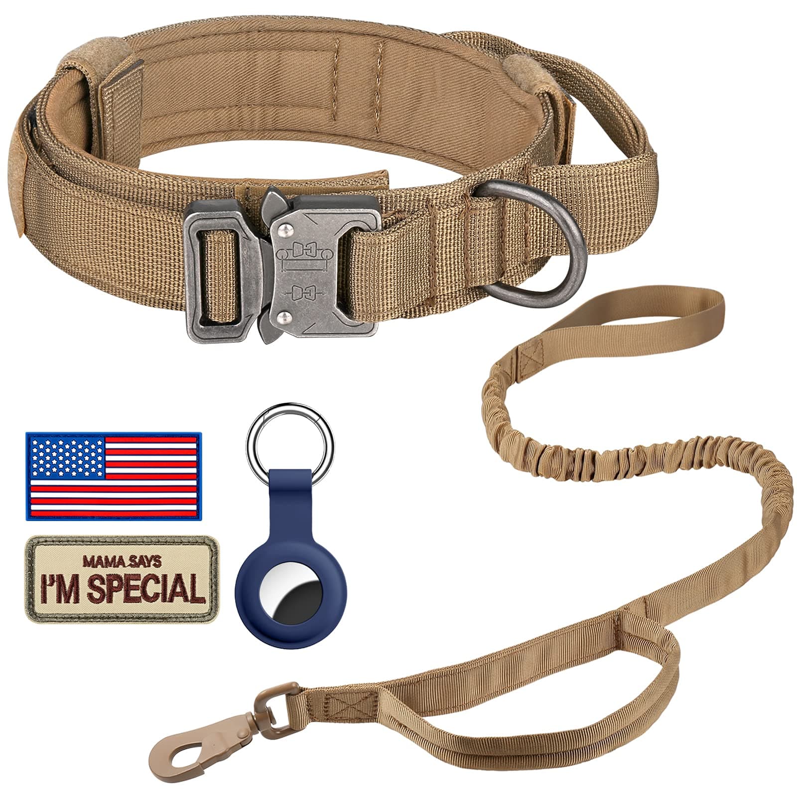 DAGANXI Tactical Dog Collar Leash Set, Adjustable Military Training Nylon Dog Collar with Controll Handle and Heavy Metal Buckle for Medium and Large Dogs，with Patches and Airtags Case (L, Brown-Set)