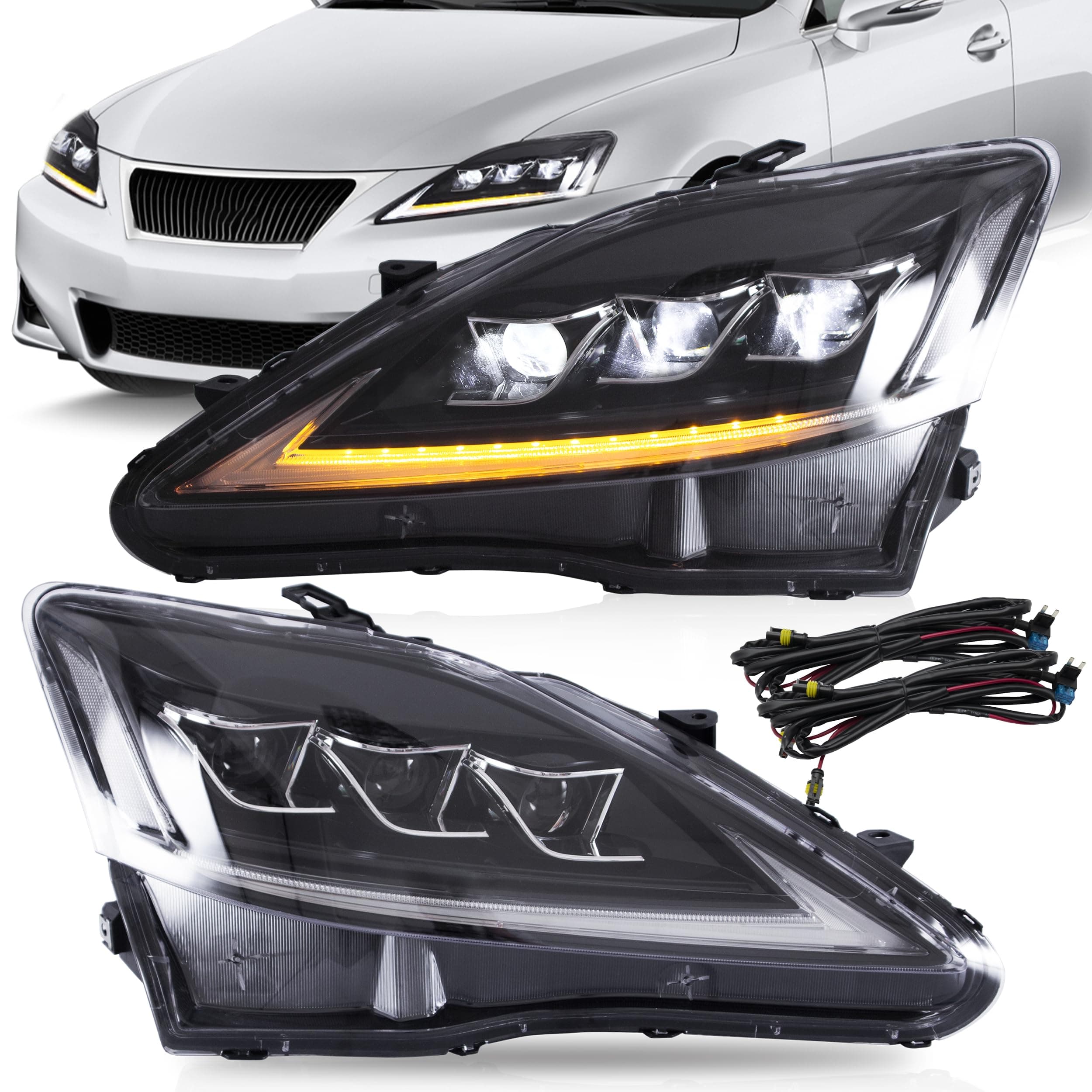 Headlights Assembly Fit for Lexus IS250/ IS250C IS350 IS350C IS220d 2006-2012, ISF 2008-2014 W/DRL, LED Front light with Sequential Turn Signal, Plug-n-Play Clear Headlamp