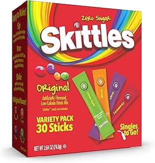 Skittles Variety Pack, Watertok Powdered Drink Mix, Zero Sugar, Low Calorie, Includes 4 Flavors: Green Apple, Strawberry, Grape, Orange, 1 Box (30 Single Servings)