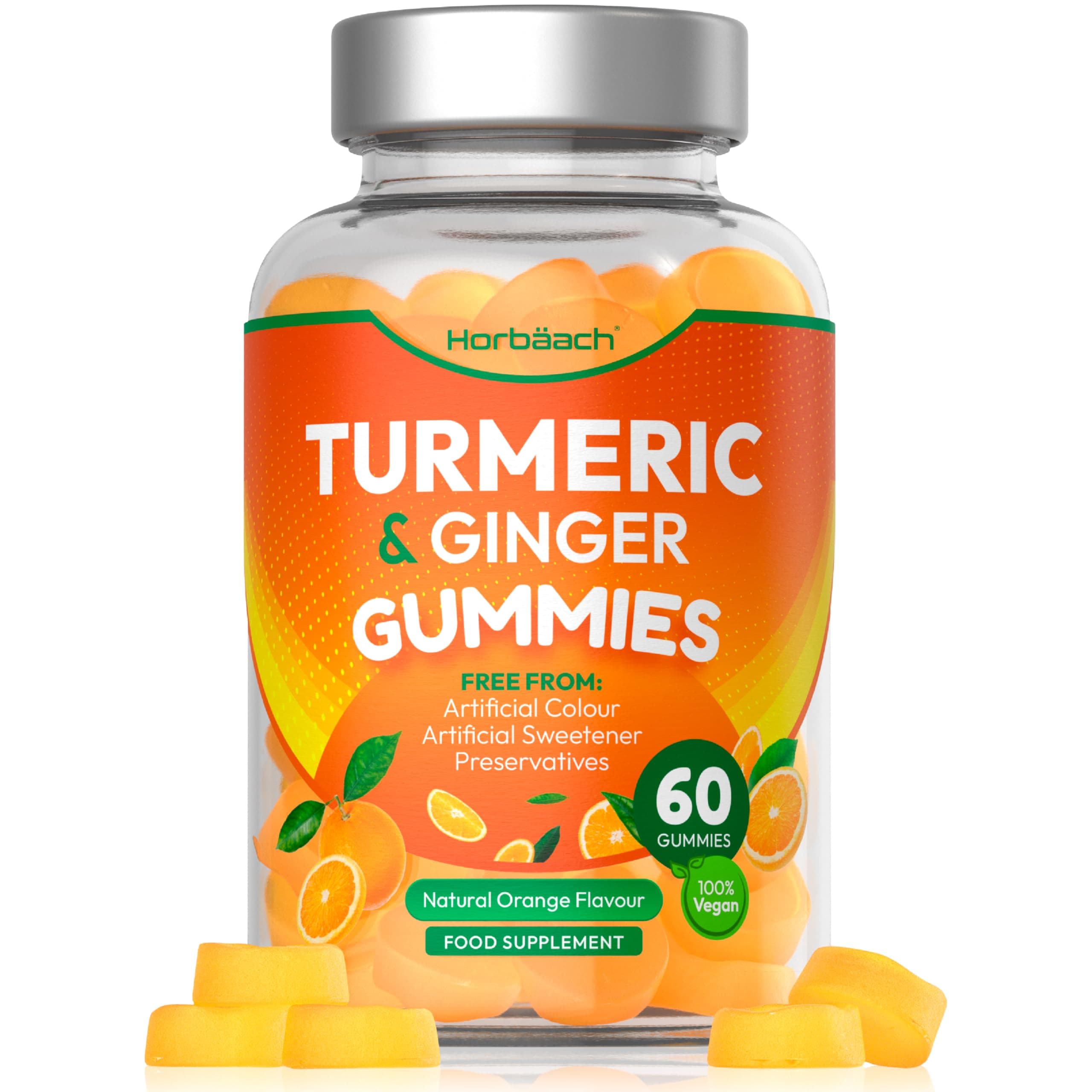 Turmeric Gummies with Ginger | High Strength Turmeric Curcumin Supplement | 60 Vegan Gummies in Natural Orange Flavour | Tablet Alternative | by