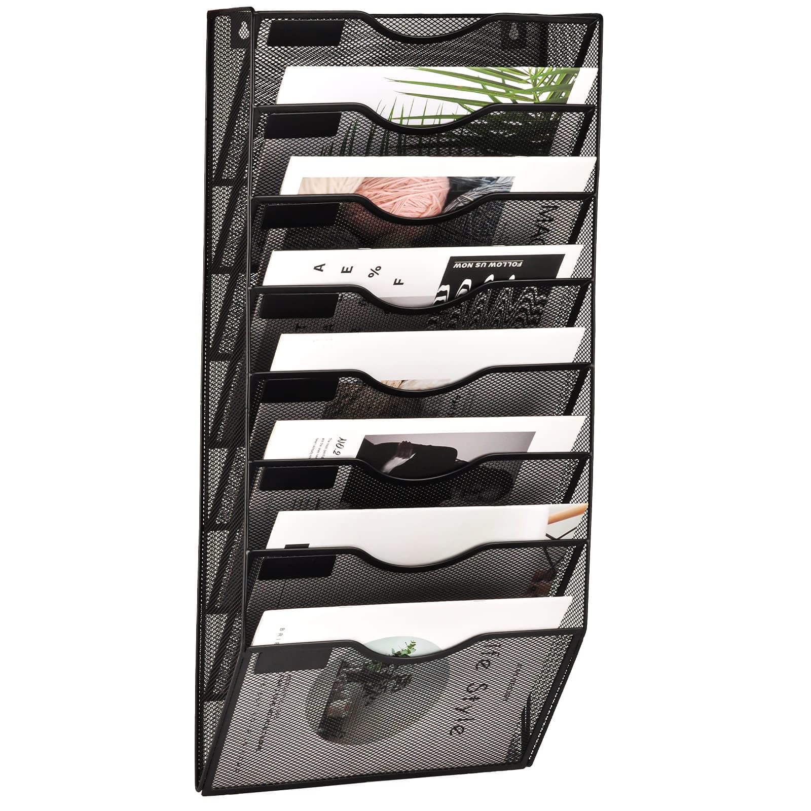 8 Pocket Mesh Hanging Wall File Organizer, Wall Mounted Mail Paper Document Folder Holder, Clipboard Storage Organization Magazine Rack with Nametag Label for Office Home School, Black
