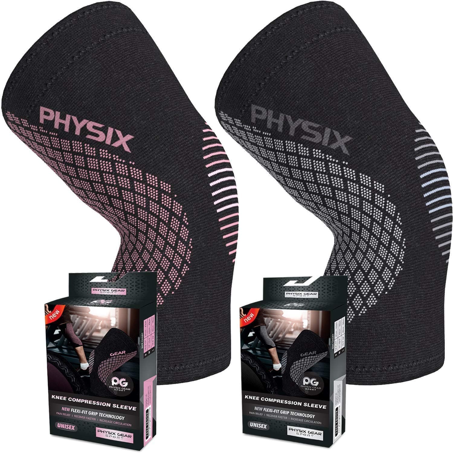 Physix Gear 2 Pack of Knee Support Brace Compression Sleeve in (1Grey + 1Pink) S Size
