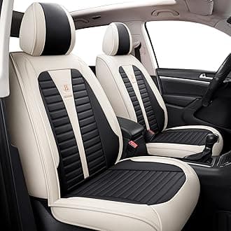 1 Pair Leather Car Seat Covers Automotive Vehicle Cushion Cover for SUV Pick-up Truck Universal Fit Set for Auto Interior Accessories (Beige&Black-2)