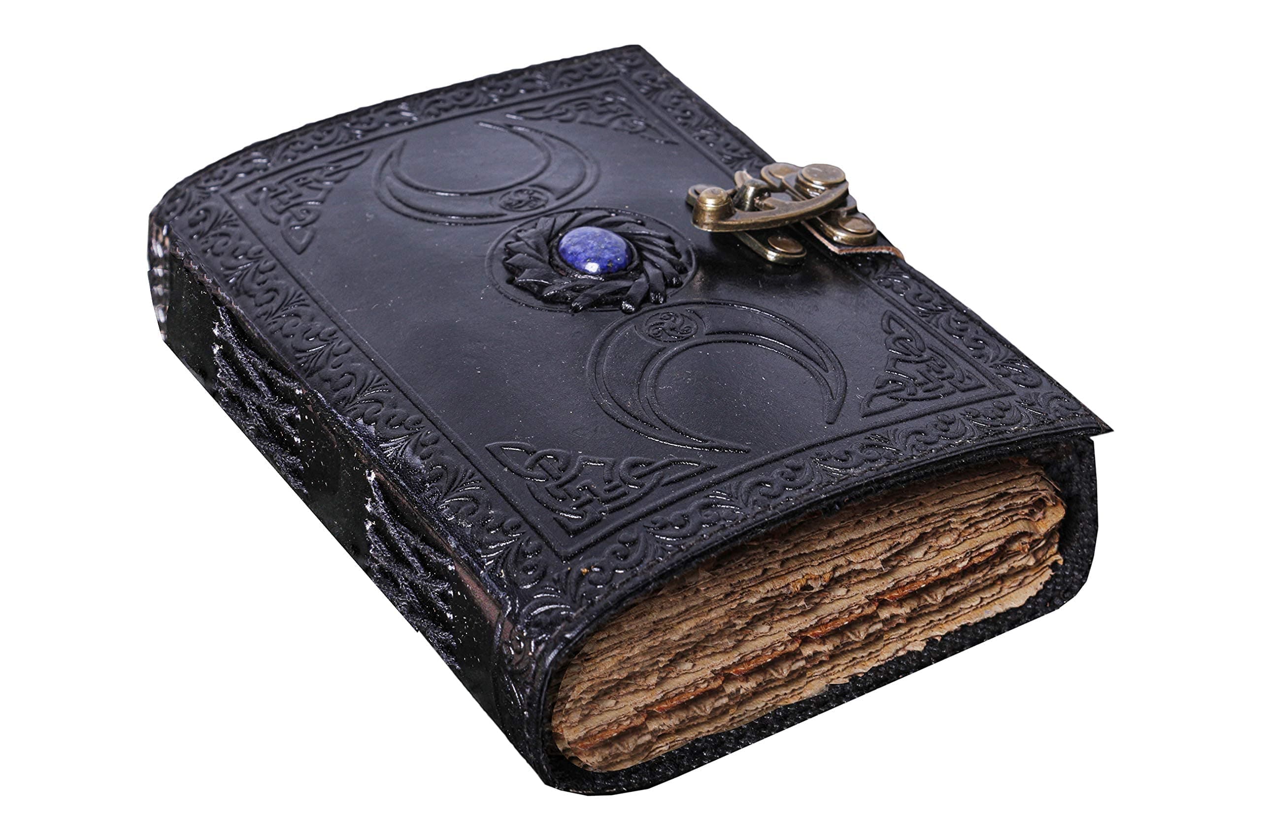 Vintage Leather Journal Semi Precious Witch Stone Triple Moon Design-Lock Closure, 200 Antique Deckle Edge Blank Paper-Book of Shadows, Grimoire Journal, Witch Journal for Men and Women (7x5 Inch, Black)