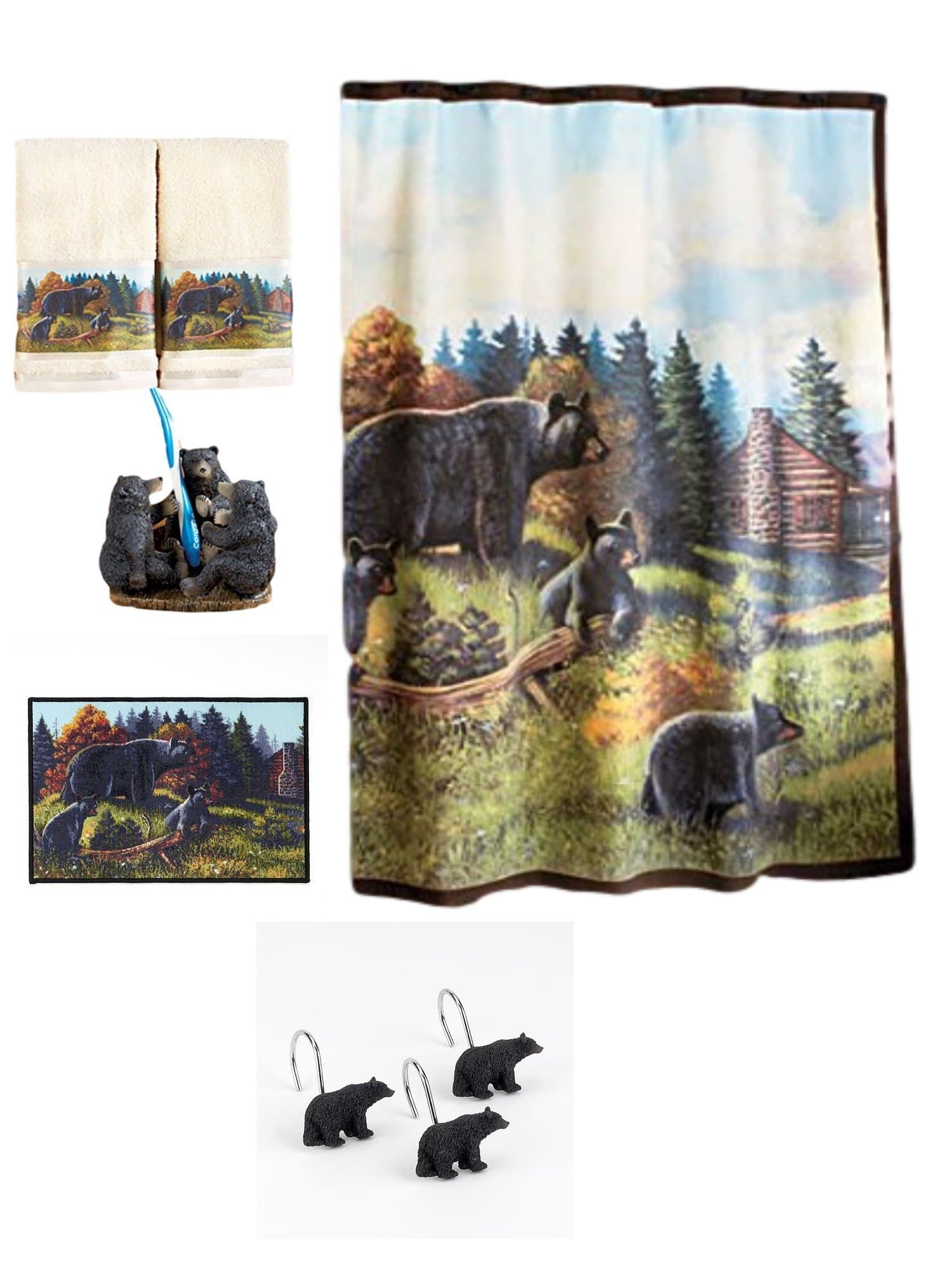 Black Bear Bathroom 17 Piece Set - Shower Curtain/12 Hooks 2 Hand Towels Toothbrush Holder Area Rug