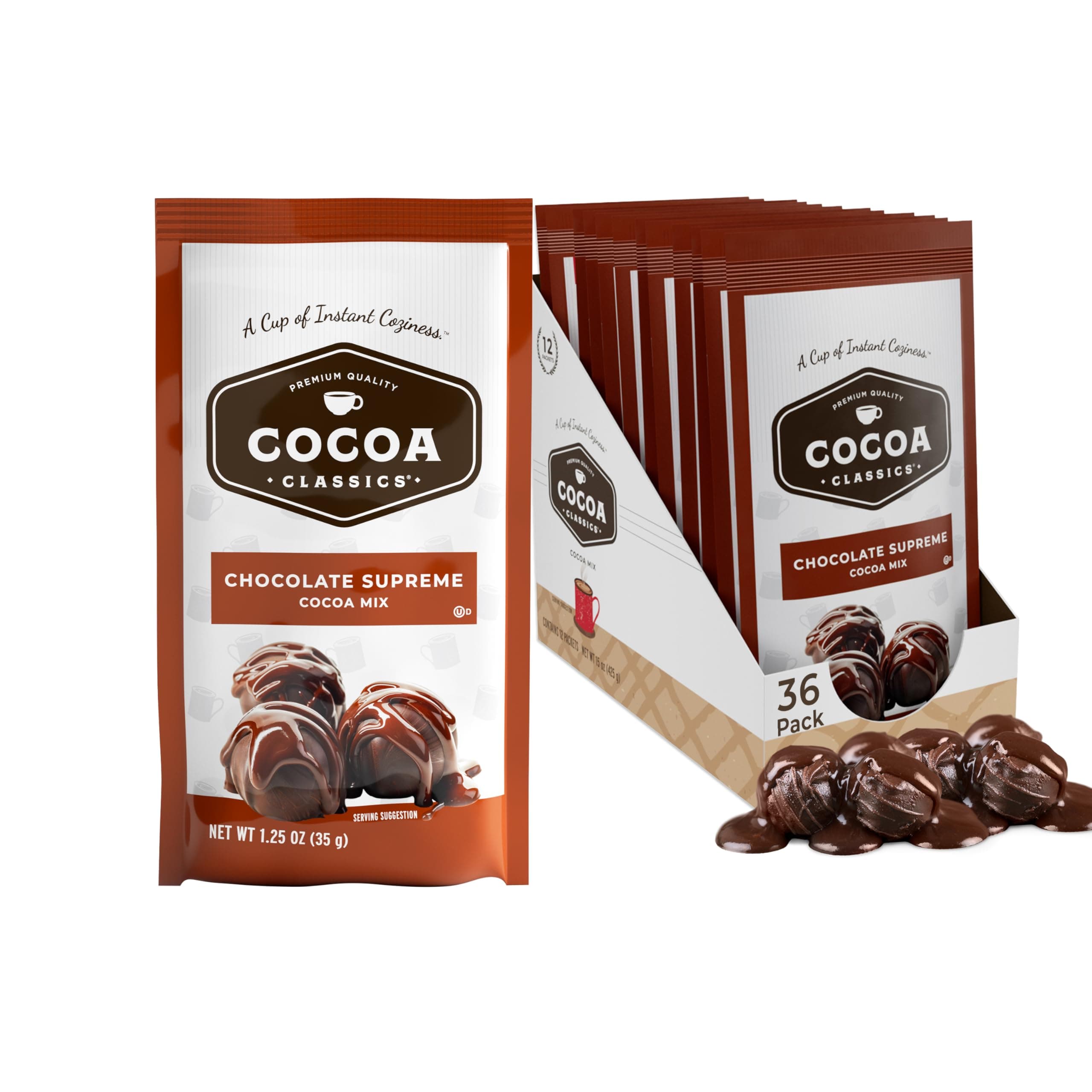 Cocoa Classics Chocolate Supreme Cocoa Mix | Just Add Hot Water | Make Hot or Iced Cocoa | Gluten Free & Kosher Dairy Friendly | 1.25oz Packets (Pack of 36)