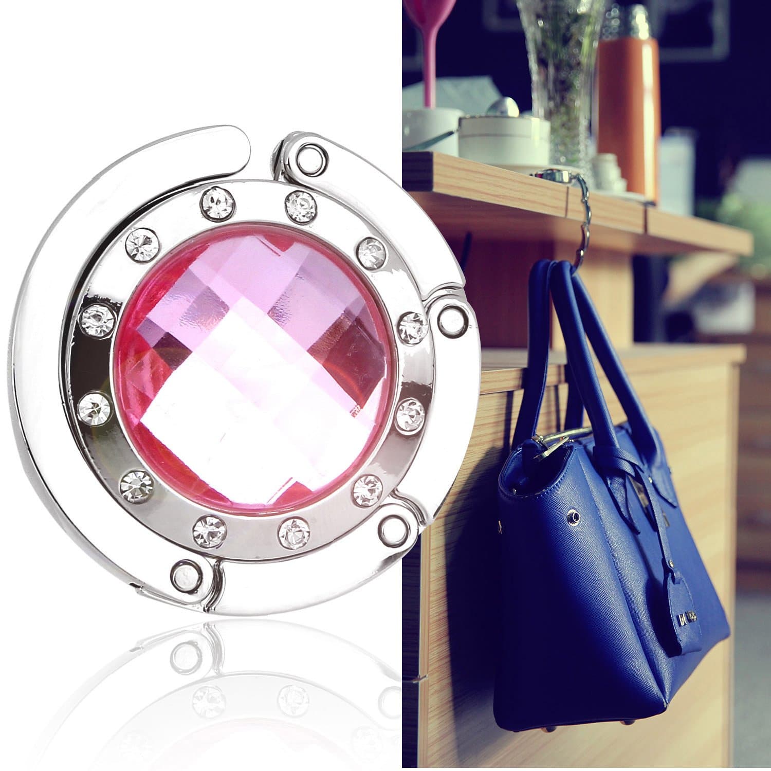 Bingsale® Lady Bag Light Pink Crystal Surrounded By Diamonds Foldup Hand Bag Purse Hook Hanger Holder