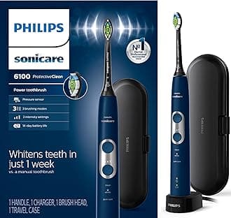 ProtectiveClean 6100 Rechargeable Electric Toothbrush, with Pressure Sensor, 3 Cleaning Modes, SmarTimer and QuadPacer, 14-Day Battery Life, Travel Case, Navy Blue, Model HX6871/49