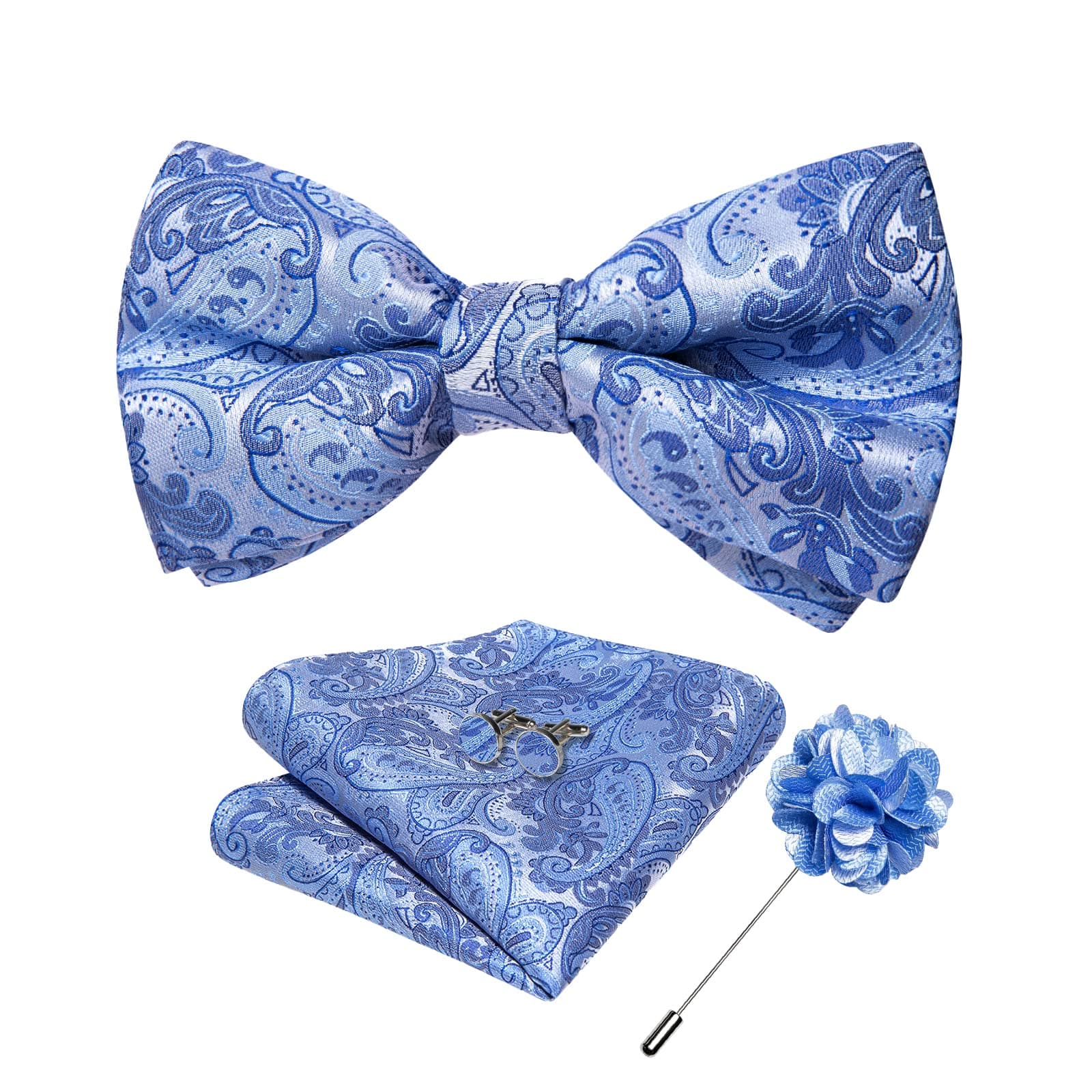 DiBanGu Silk Paisley Bow Tie for Men with Pocket Square Lapel Pin Cufflinks Pre-tied Bowtie Set for Wedding Party Prom