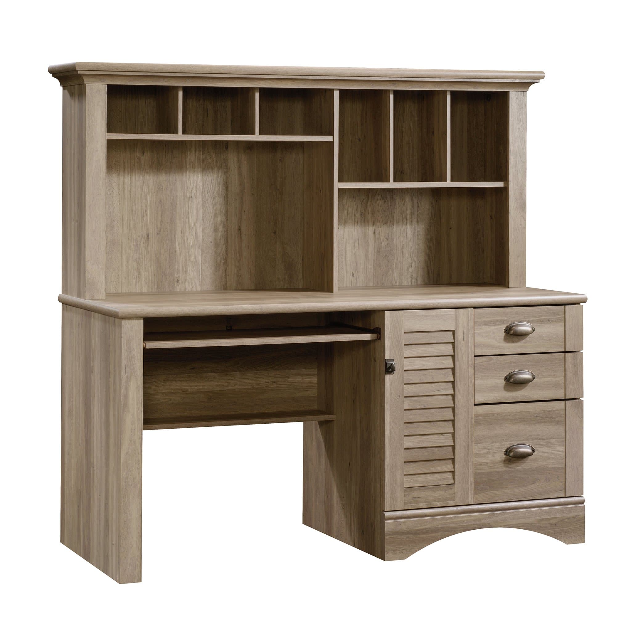 Sauder Harbor View Home Office Computer Desk with Hutch, Keyboard Tray, in Salt Oak