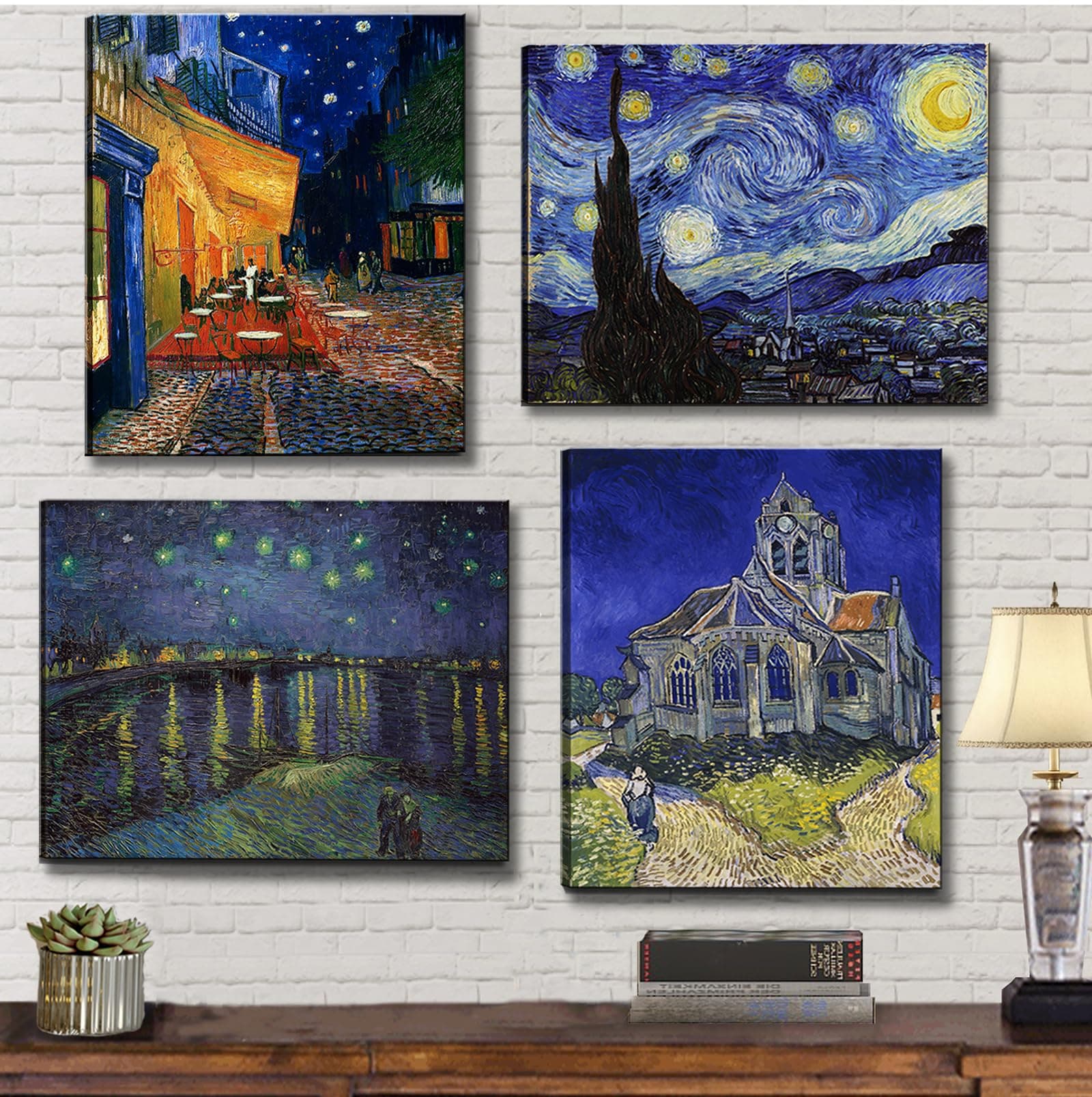 Vincent Van Gogh Canvas Wall Art - Starry Night Over The Rhone - Cafe Terrace At Night Paintings, Classic Artwork Pictures Poster Prints for Bathroom Living Room Office Decor