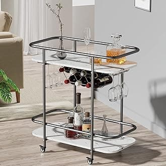 DAWNYIELD 2 Tier Bar Serving Cart on Wheels, Mobile Drinks Trolley with Wine Rack and Glass Holder, Rolling Drinks Storage with Marble Pattern Plate for Kitchen Living Room Bar(Black)