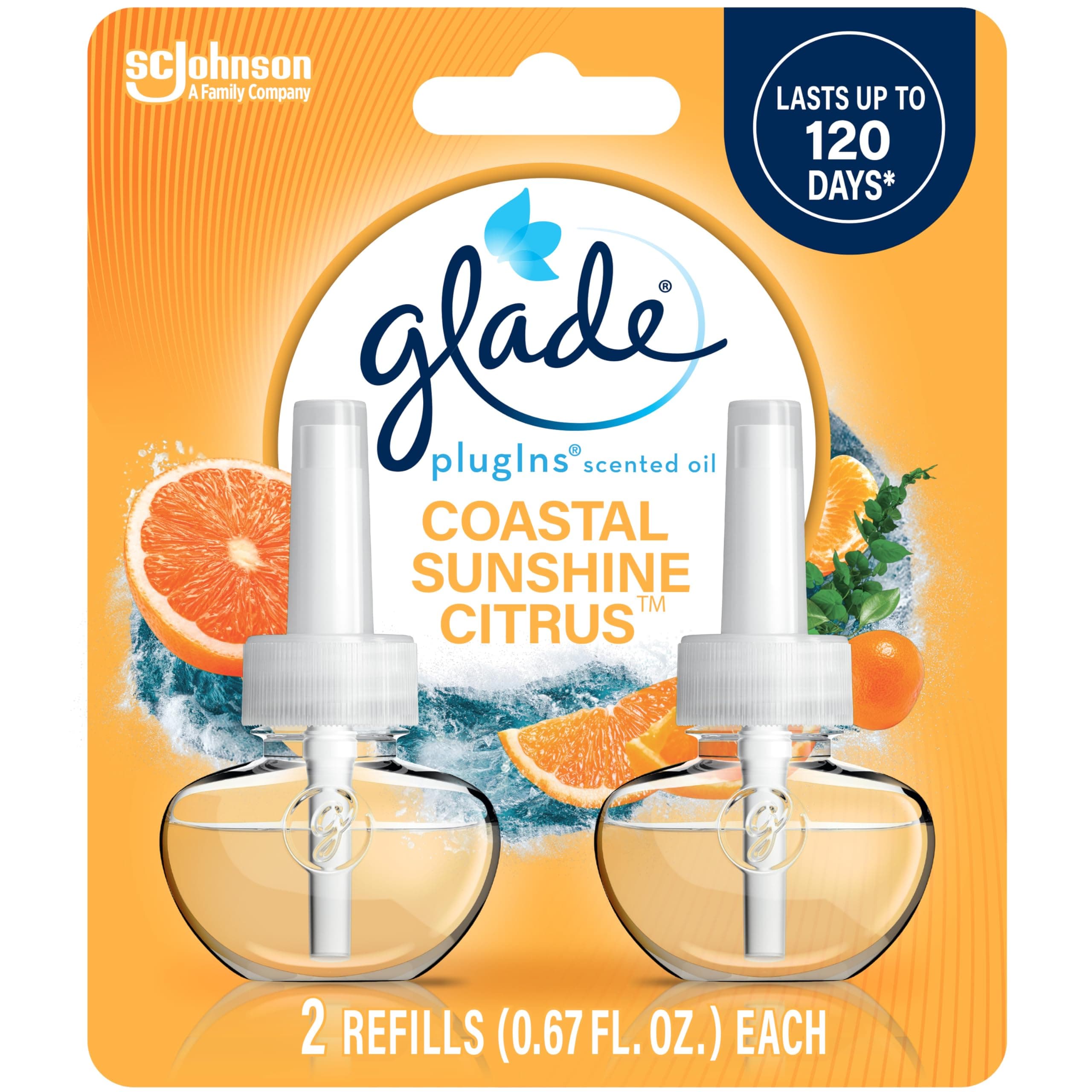 Glade PlugIns Refills Air Freshener, Scented and Essential Oils for Home and Bathroom, Coastal Sunshine Citrus, 1.34 Fl Oz, 2 Count