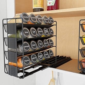 SpaceAid Pull Out Spice Rack Organizer with 20 Jars, Heavy Duty Slide Out Seasoning Organizer for Kitchen Cabinets, with 801 Labels and Chalk Marker, Right Facing