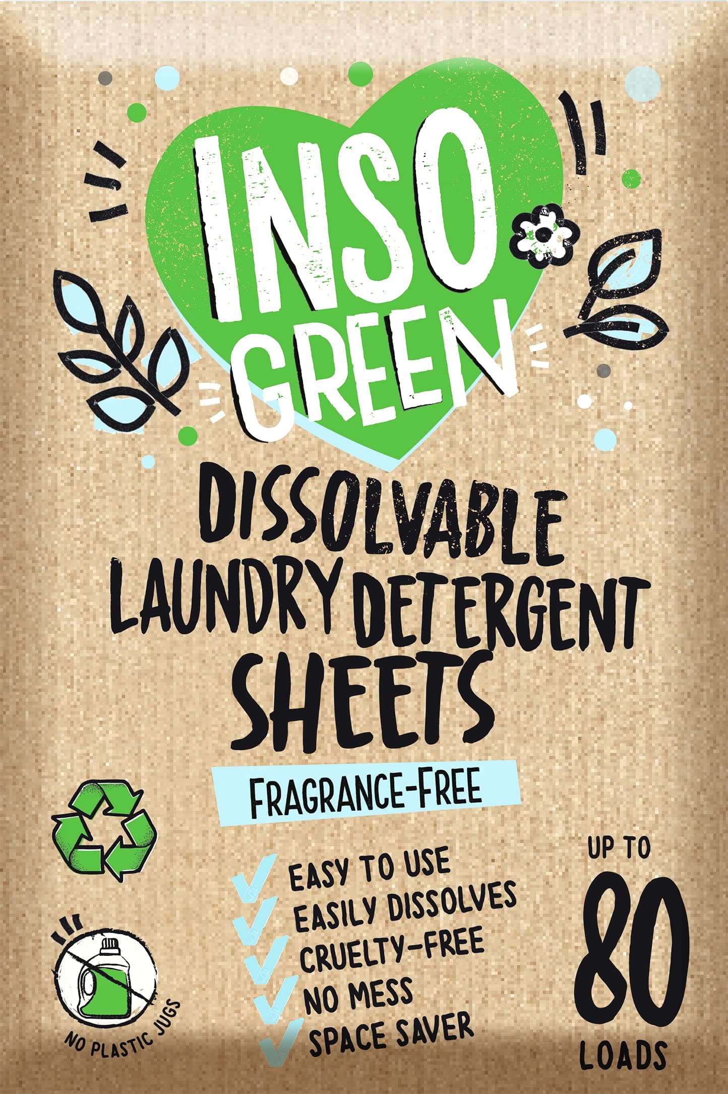 InsoGreen Fragrance Free Laundry Detergent Sheets - 40 Eco-Friendly Sheets for Up to 80 Loads - Fragrance Free, No Plastic Packaging, Laundry Detergent for Travel