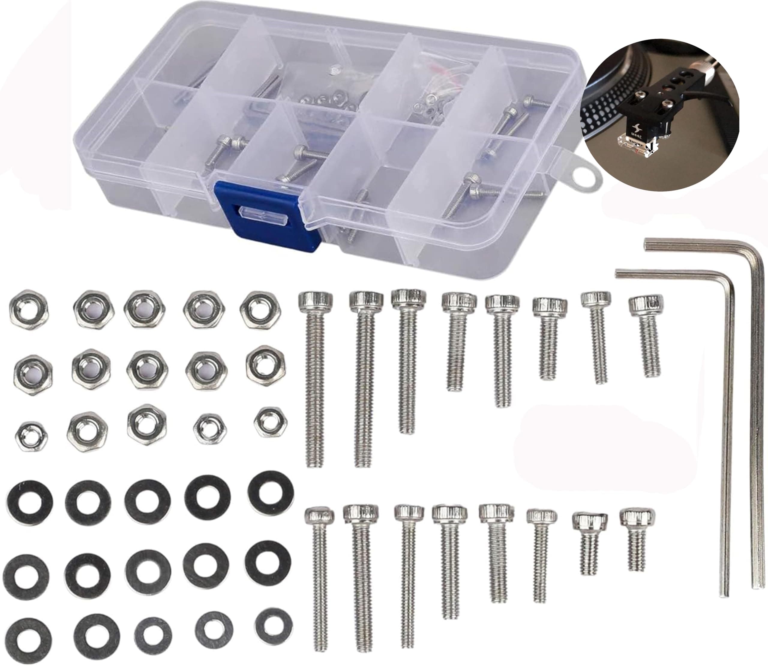 50Pcs/Set Universal Turntable Headshell Cartridge Mounting: Stainless Steel Hex Socket Head Screws, Bolts, Nuts, Metal Washers & Wrenches - Cartridge Mounting Screws - For Phonograph Parts